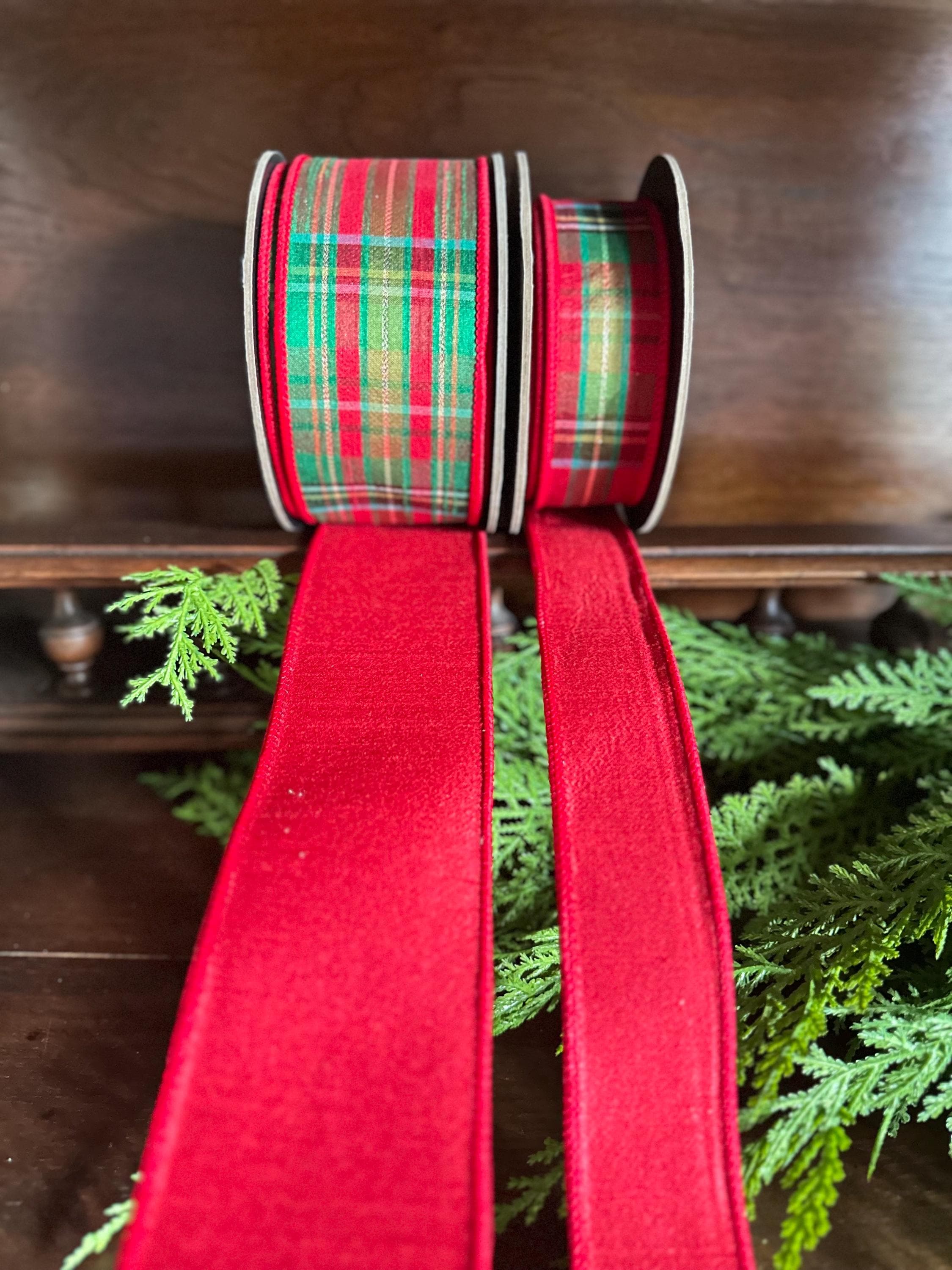 Christmas Plaid Ribbon Wreath Making Holiday Decoration Wire Edge Metallic Designer Ribbon Traditional Plaid Tartan Red D Stevens Ribbon