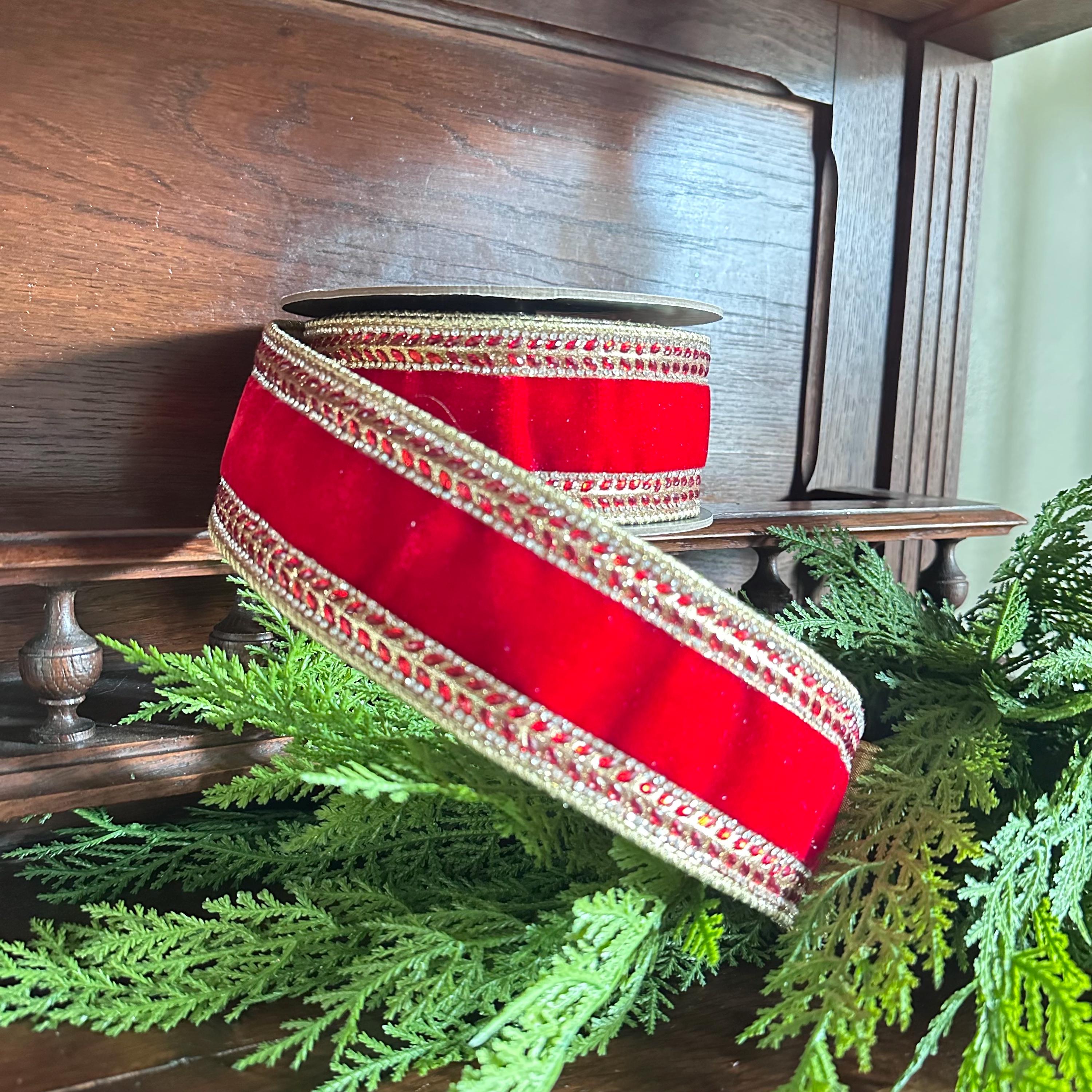 Red Velvet Ribbon Christmas Ribbon Luxury Ribbon Designer Ribbon Gift Wrapping Christmas Present Holiday Decor Wired Edge Crystal Trim Set