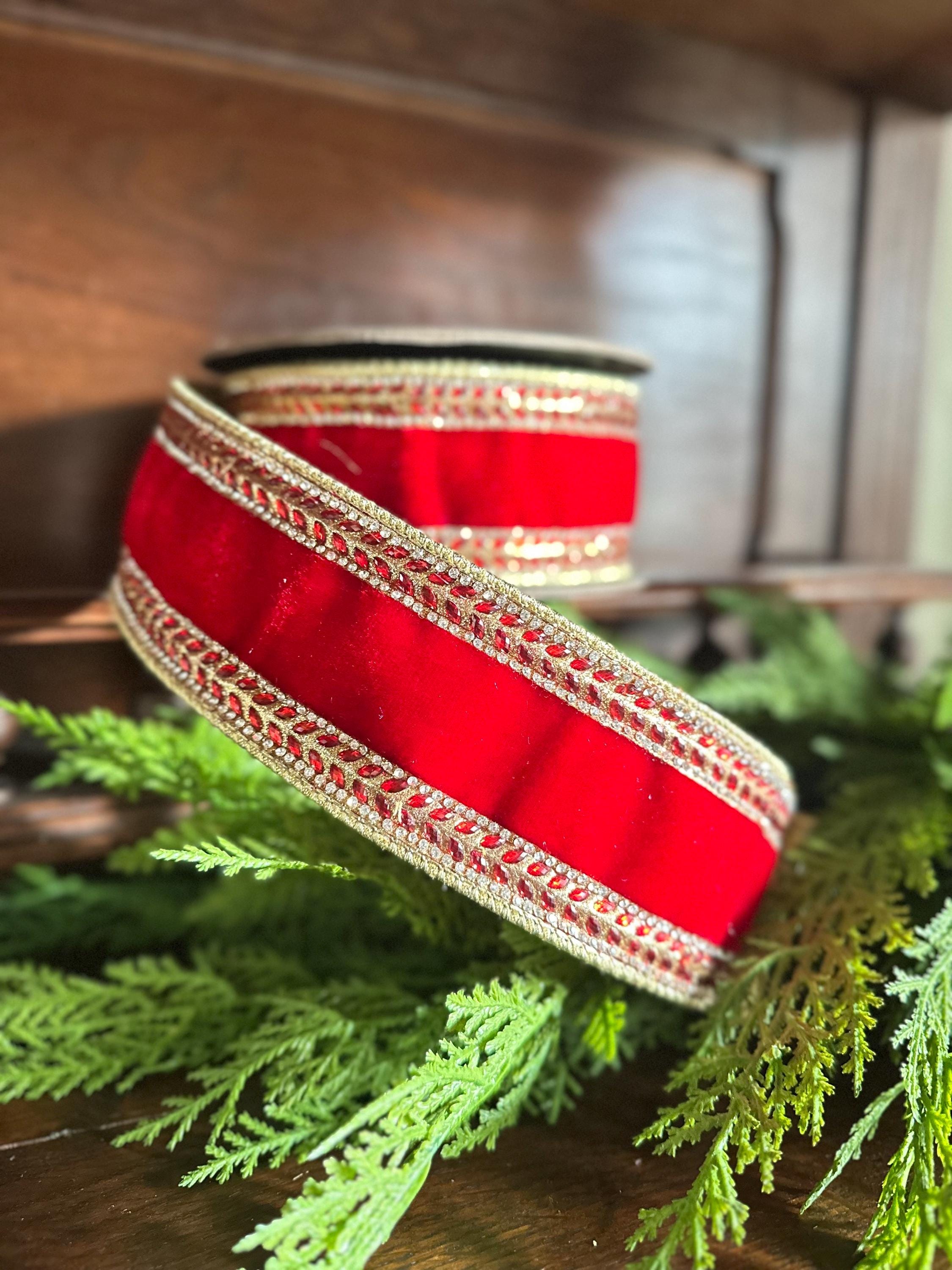 Red Velvet Ribbon Christmas Ribbon Luxury Ribbon Designer Ribbon Gift Wrapping Christmas Present Holiday Decor Wired Edge Crystal Trim Set