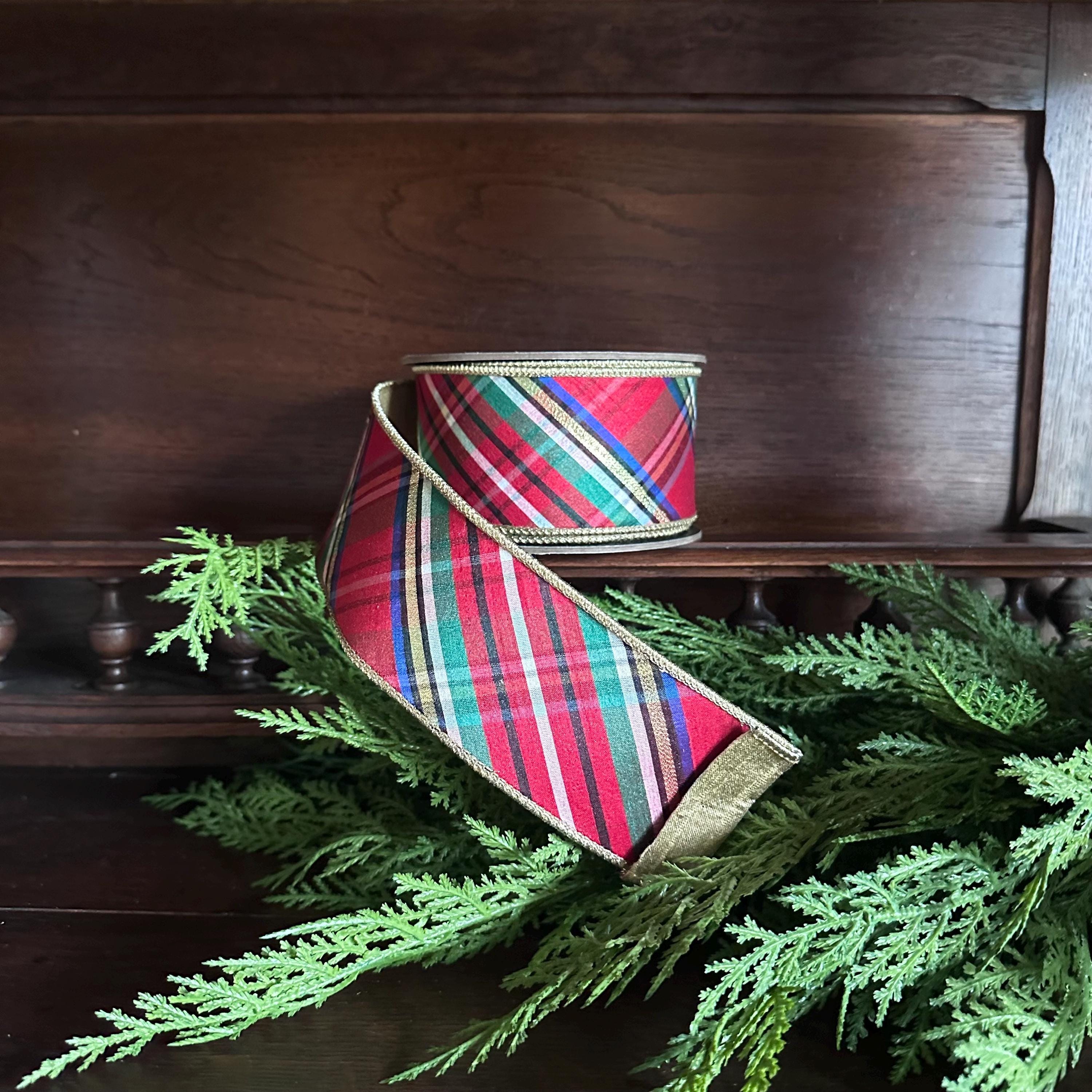 Traditional Plaid Ribbon Holiday Craft Wreath Making Christmas Bow Tree Decor Gold Edge Nutcracker Design Christmas Tree D Stevens Ribbon