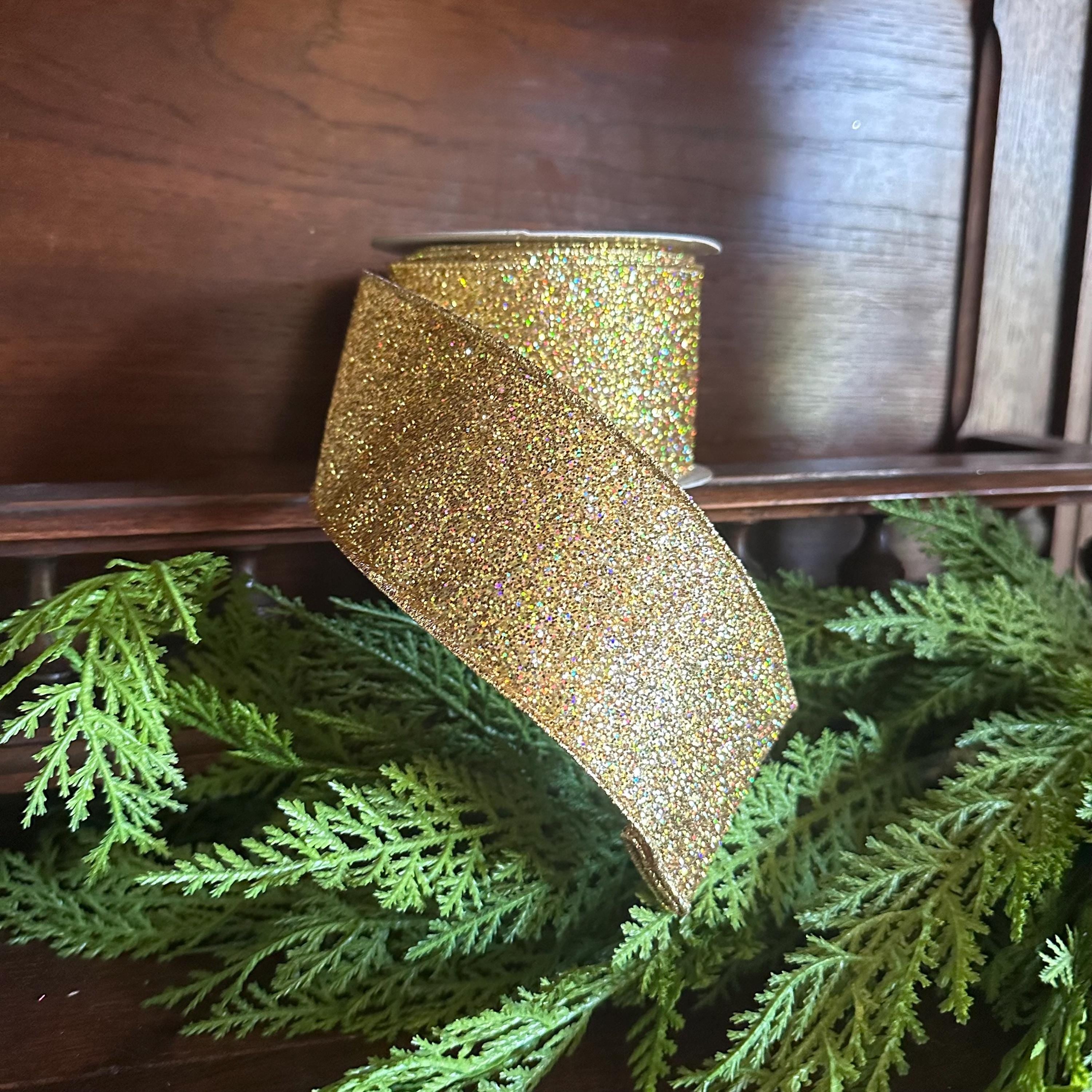 Gold Glitter Ribbon with Gold Edge Wired Ribbon for Christmas Ribbon Mardi Gras Holiday Decor Wreath Ribbon Christmas Gift Wrapping