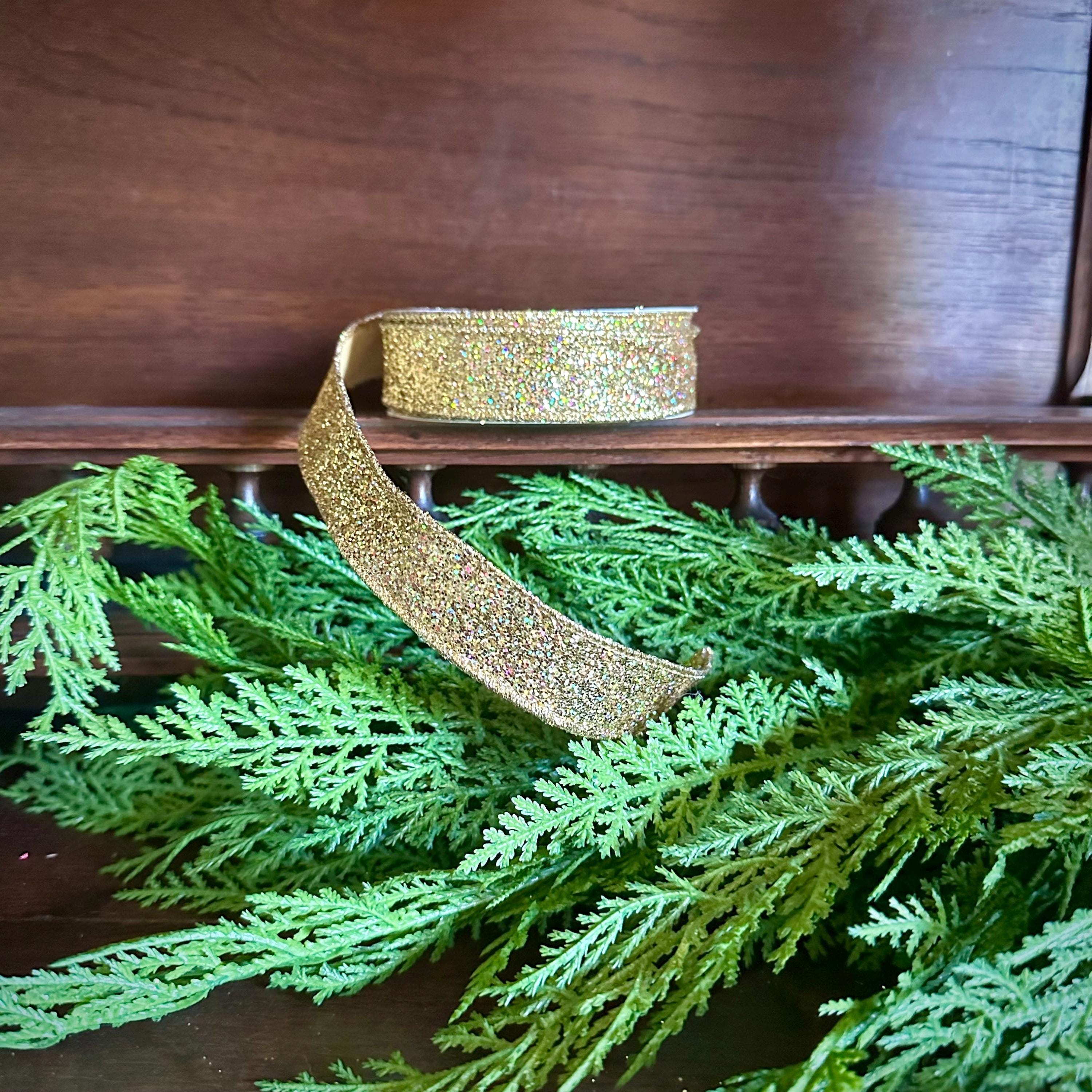 Gold Glitter Ribbon with Gold Edge Wired Ribbon for Christmas Ribbon Mardi Gras Holiday Decor Wreath Ribbon Christmas Gift Wrapping