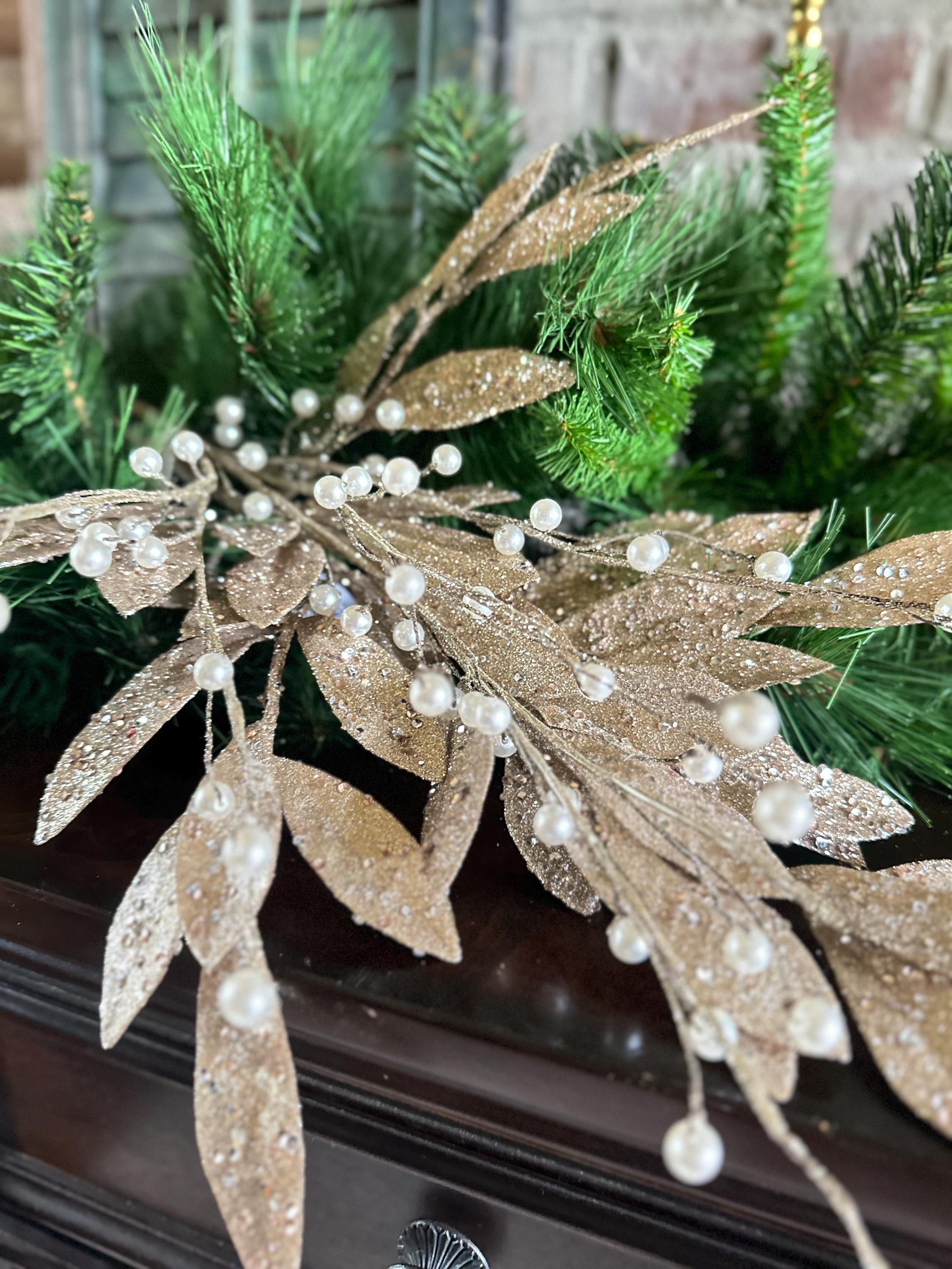 Pearl Bead Spray Cream Pearls Champagne Stem Holiday Floral Pick Christmas Tree Garland Wreath Centerpiece Mantle Decoration 31.5 Inch