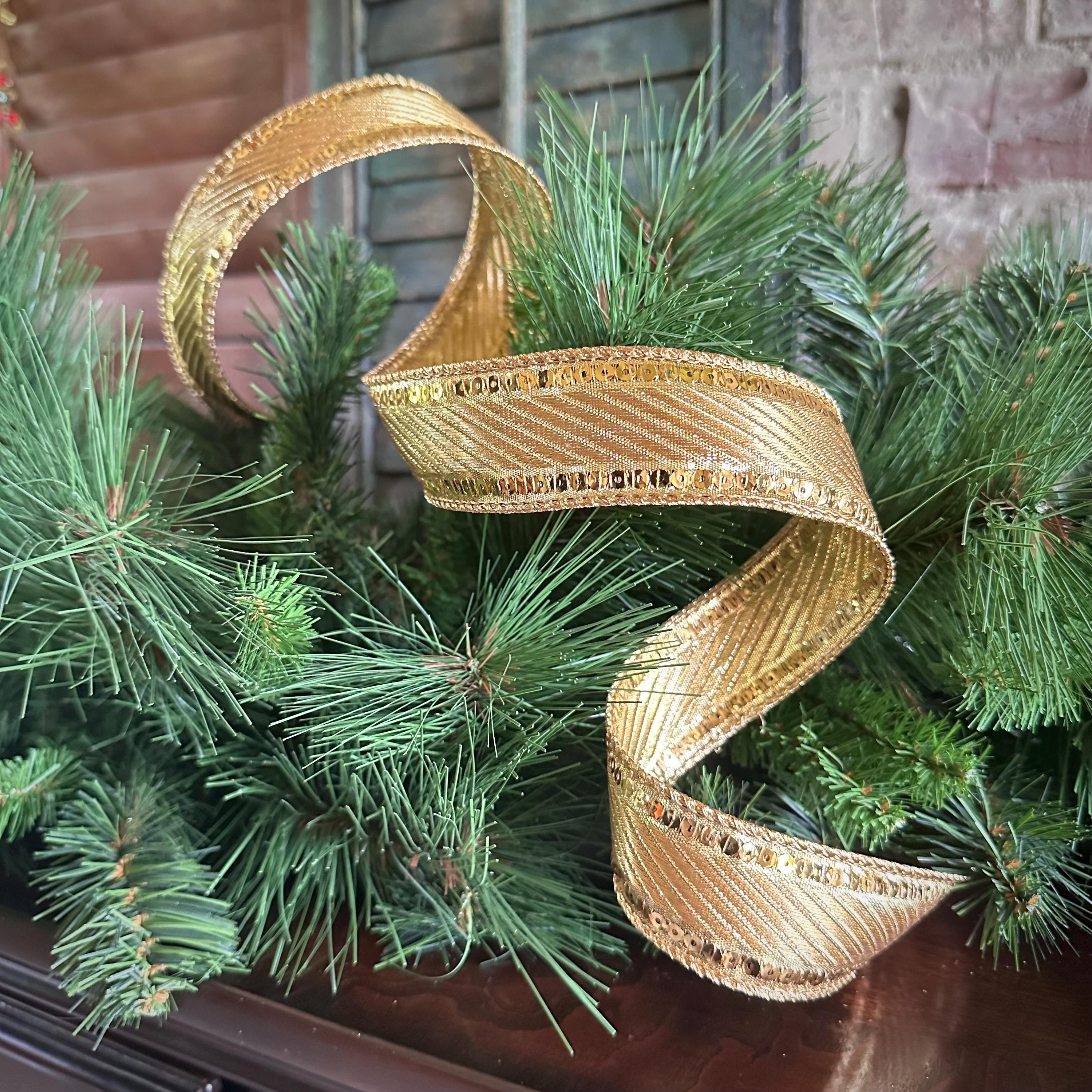 Gold Metallic Ribbon Craft Supply for Christmas Ribbon Wire Edge Sequin Trim Holiday Wreath Making Material Gift Wrap Party Accent