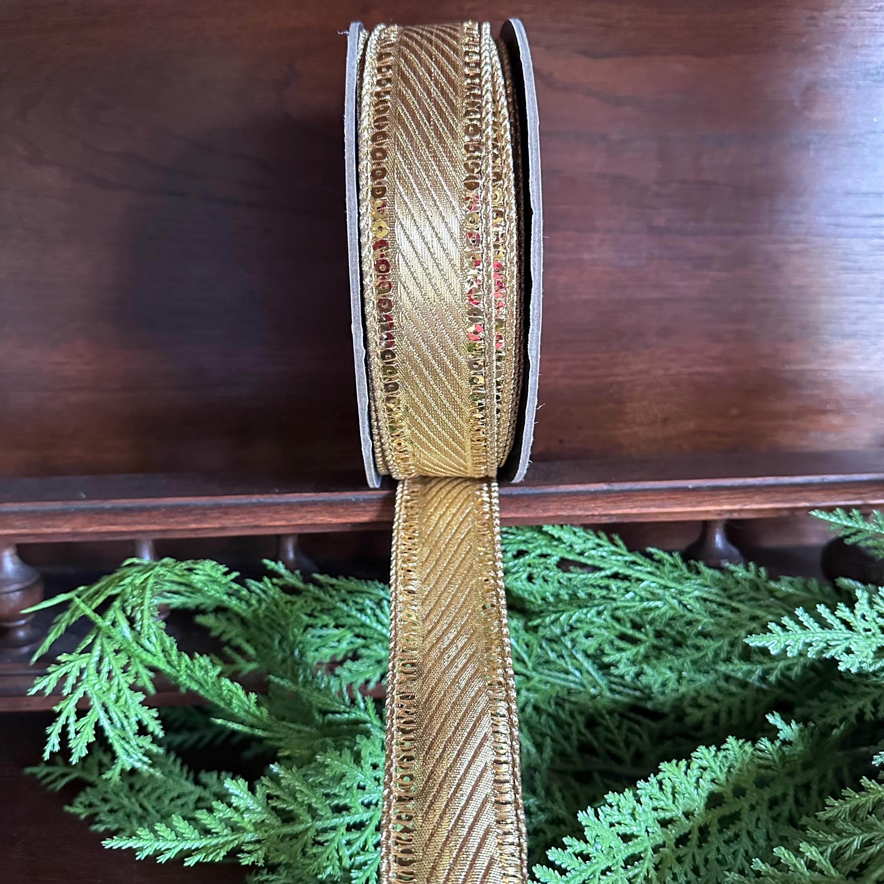 Gold Metallic Ribbon Craft Supply for Christmas Ribbon Wire Edge Sequin Trim Holiday Wreath Making Material Gift Wrap Party Accent