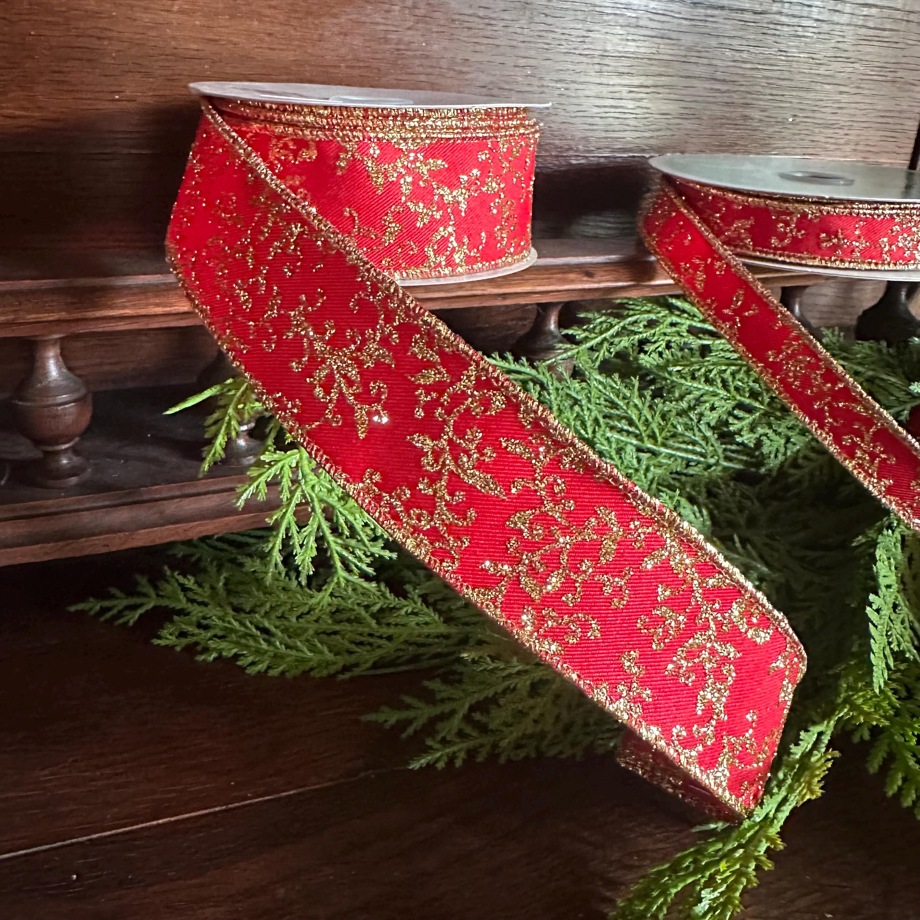 Christmas Ribbon Red Gold Glitter Leaf Vine Ribbon Wired Edge Holiday Ribbon Wreath Ribbon Designer Ribbon