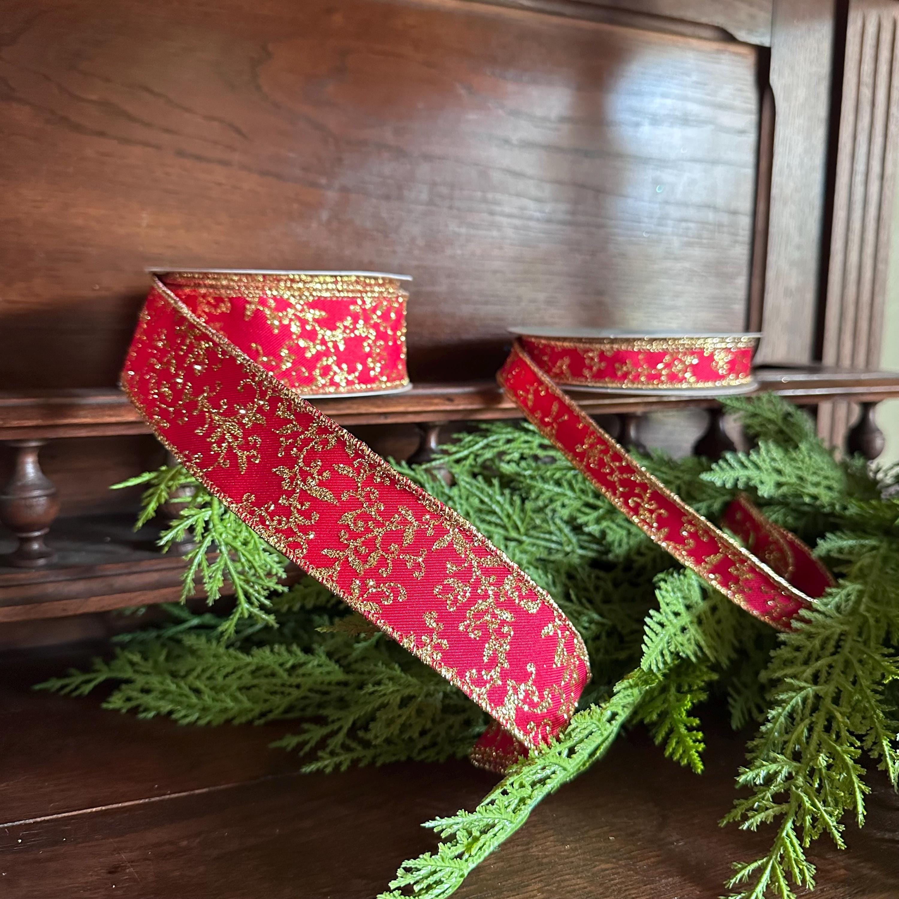 Christmas Ribbon Red Gold Glitter Leaf Vine Ribbon Wired Edge Holiday Ribbon Wreath Ribbon Designer Ribbon