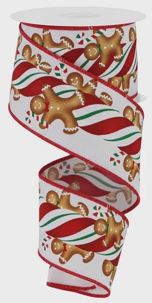 Christmas Wired Ribbon Holiday Craft Supply Premium Quality Wreath Making Material Festive Bow Creation White Background Gingerbread Pattern Design Candy Cane Diagonal Print Professional Grade Construction Decorative Trim Perfect Holiday