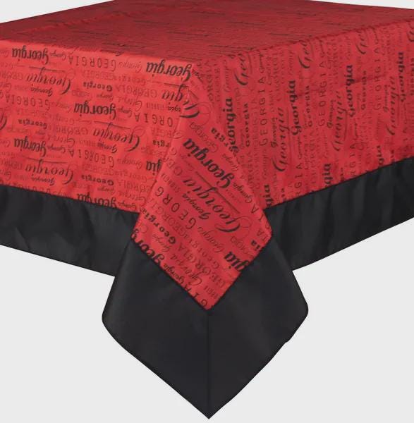 Square Table Topper Party Decor Dining Accessory Large Format Design Formal Table Setting Black Trim Border Classic Georgia Print Pattern Satin Material Table Cover Entertainment Ready Washable Fabric Quality Construction Dinner