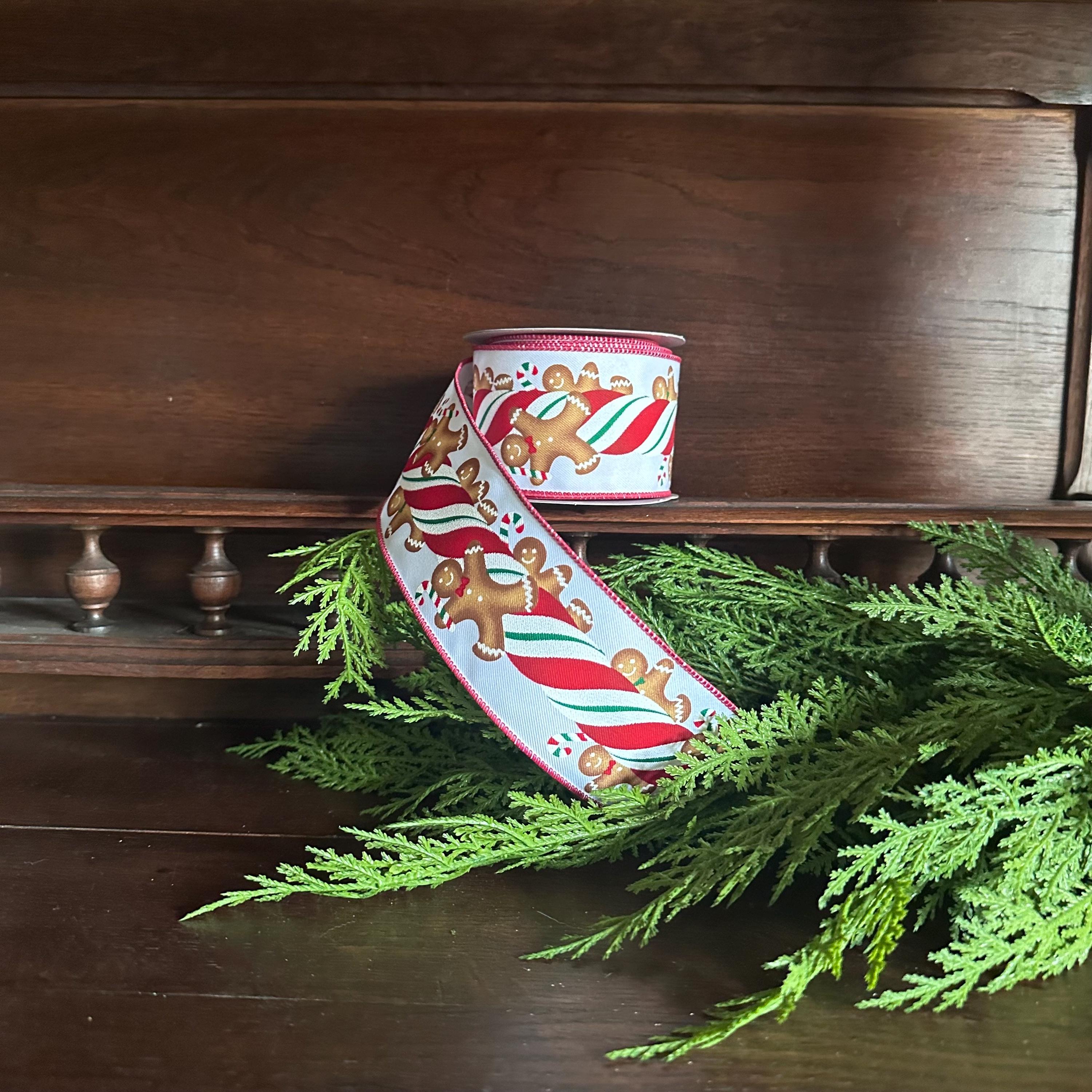Christmas Wired Ribbon Holiday Craft Supply Premium Quality Wreath Making Material Festive Bow Creation White Background Gingerbread Pattern Design Candy Cane Diagonal Print Professional Grade Construction Decorative Trim Perfect Holiday