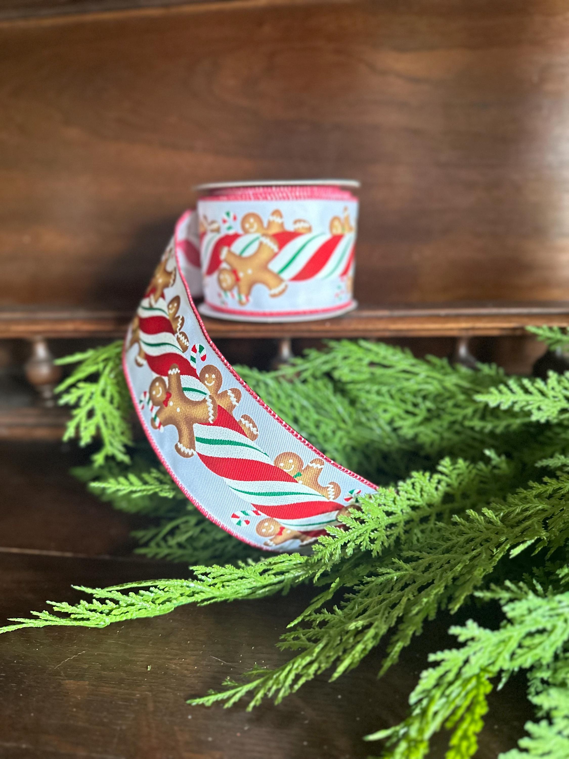 Holiday Ribbon Collection Christmas Crafting Essential Wired Edge Construction Premium Quality Material Gingerbread Theme Design Candy Pattern Detail Perfect Wreath Making Supply Professional Bow Creation White Background Festive Holiday