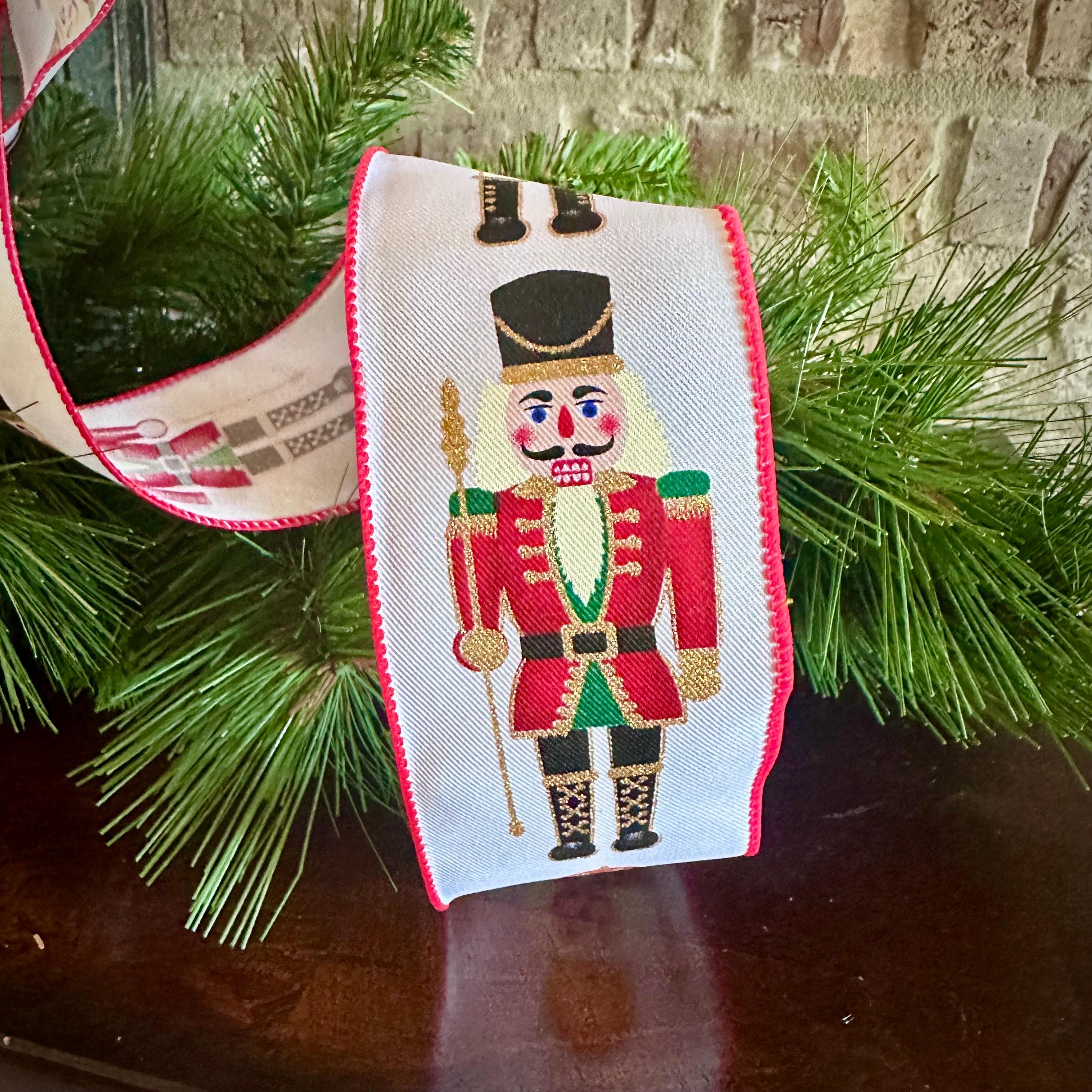 Nutcracker Christmas Ribbon, Wired Holiday Ribbon for Wreaths, Gift Wrapping, Christmas Decor & Bow Making