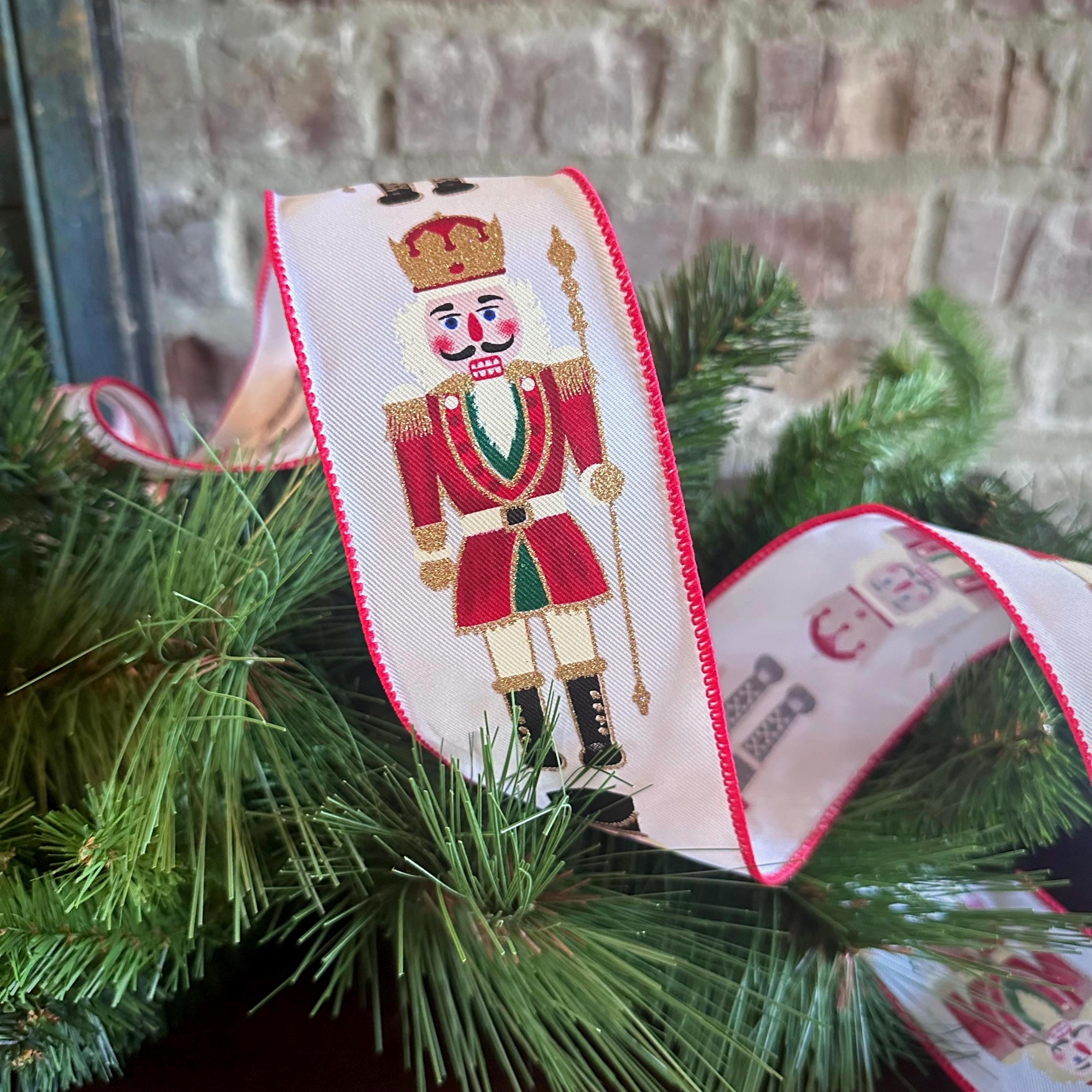 Nutcracker Christmas Ribbon, Wired Holiday Ribbon for Wreaths, Gift Wrapping, Christmas Decor & Bow Making