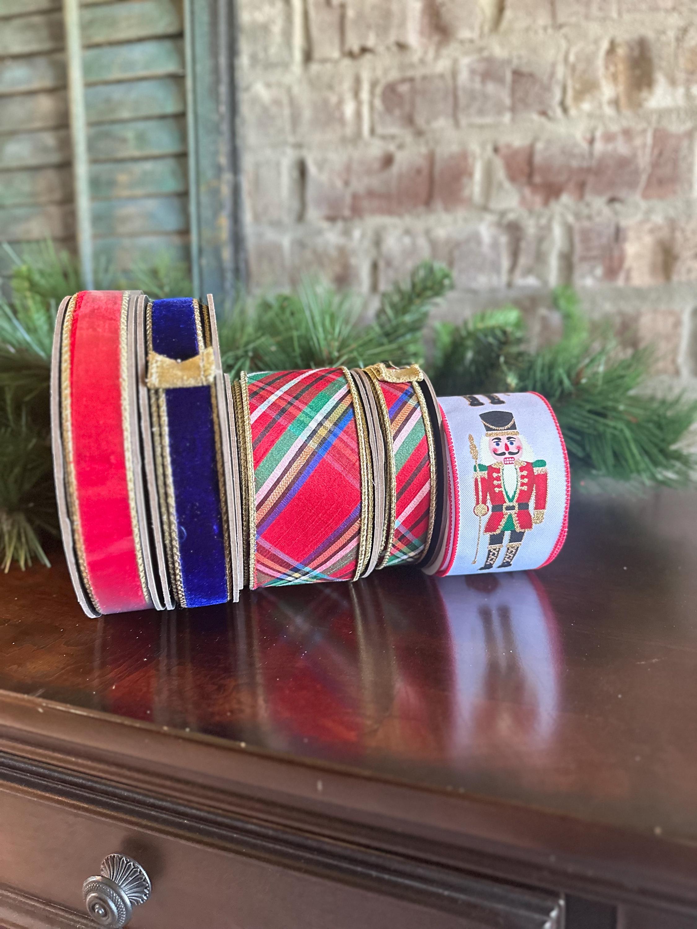 Nutcracker Christmas Ribbon, Wired Holiday Ribbon for Wreaths, Gift Wrapping, Christmas Decor & Bow Making