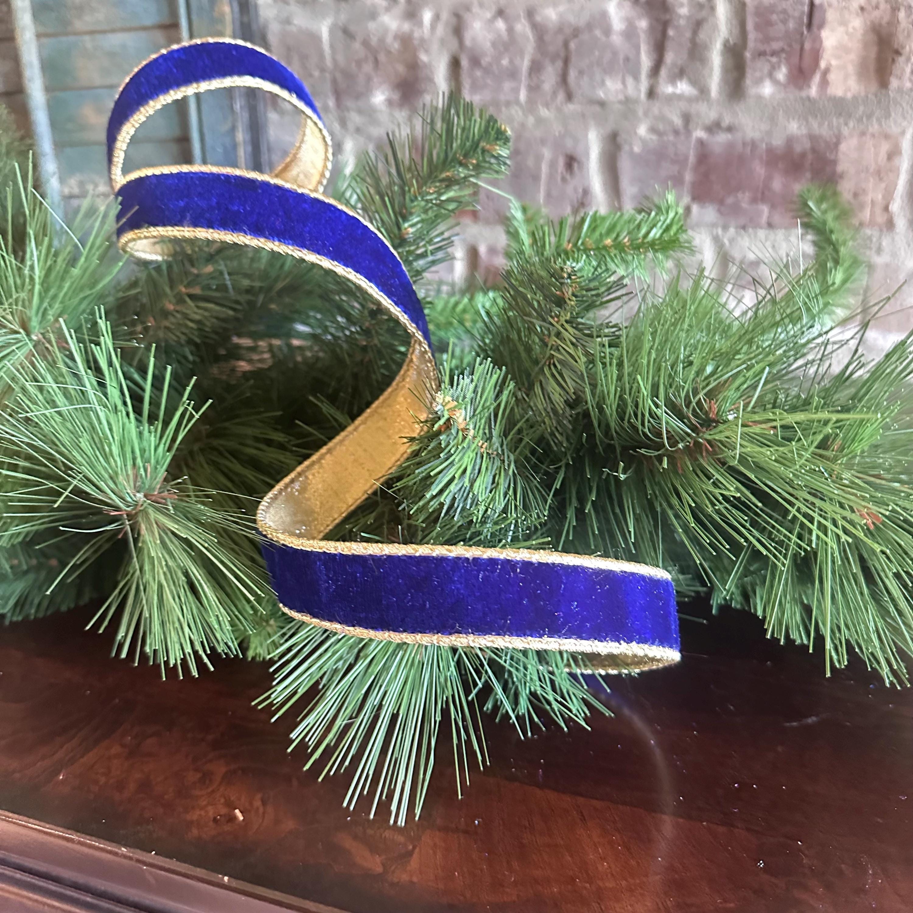 Blue Velvet Wired Ribbon, Luxury Christmas Ribbon, Designer Ribbon for Wreaths, Trees, Garland Holiday Decor D Stevens Ribbon