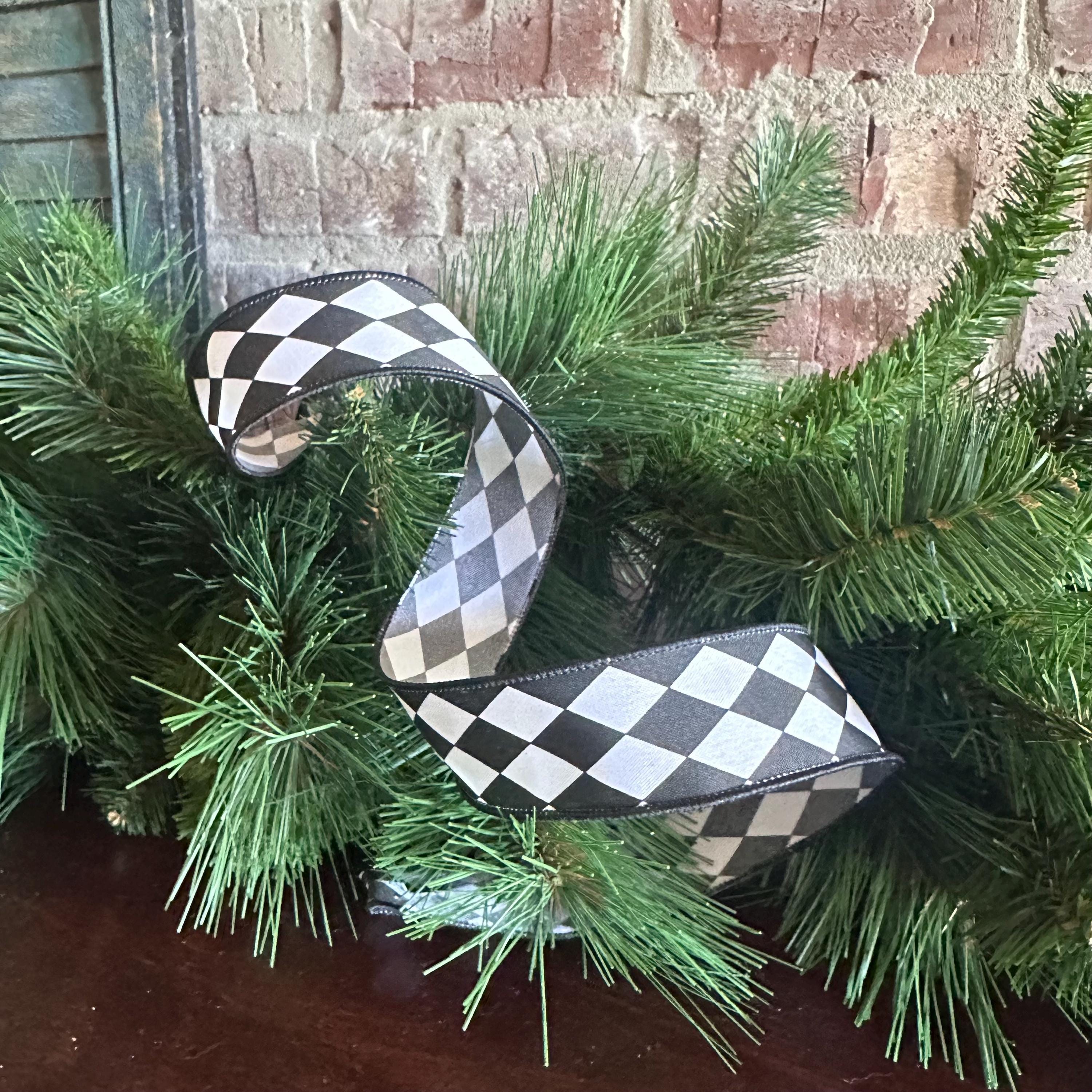 Harlequin Ribbon Craft Supply for Wreath Making Nutcracker Design Holiday Decor Accent Piece Black White Bow Diamond Mardi Gras Ribbon