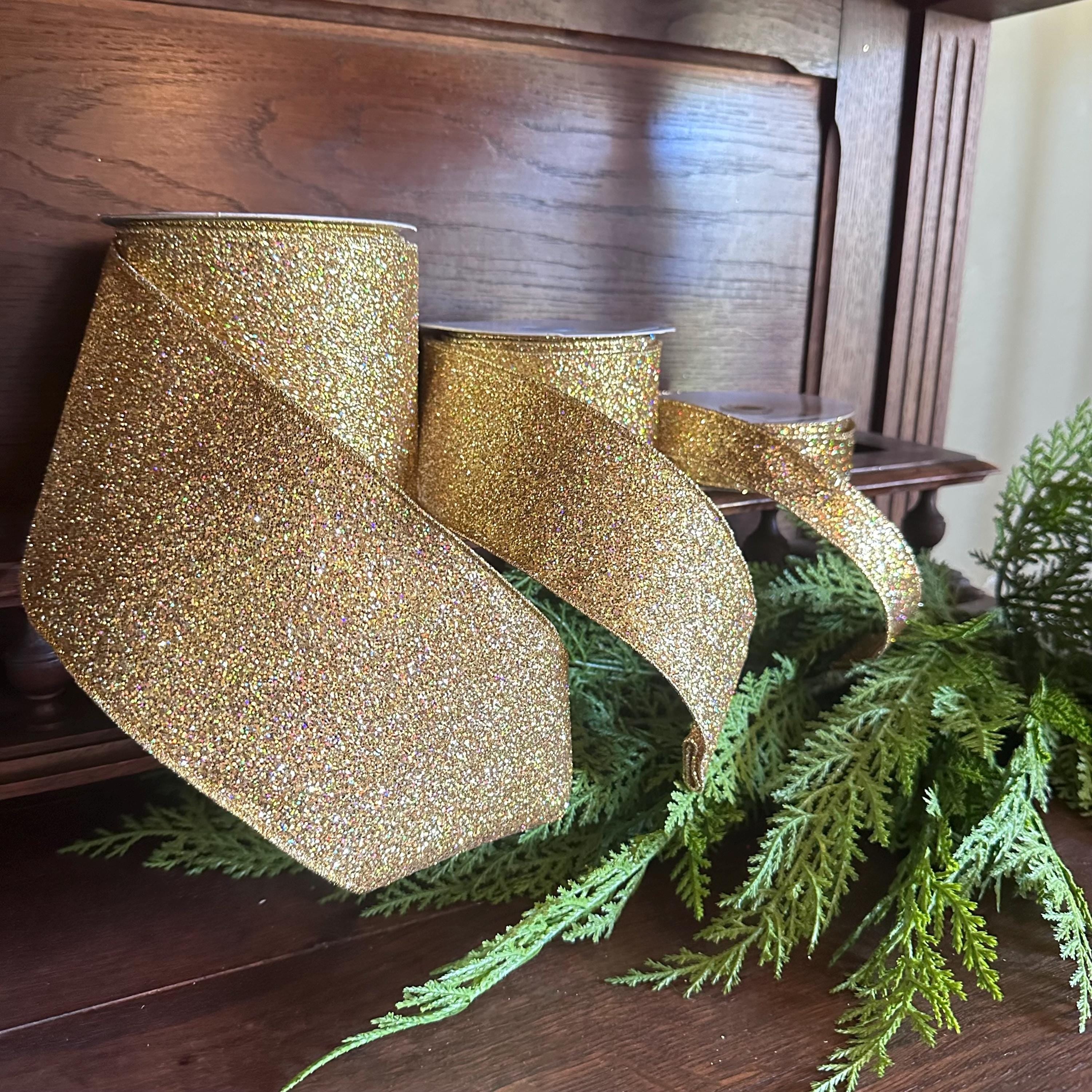 Gold Glitter Ribbon with Gold Edge Wired Ribbon for Christmas Ribbon Mardi Gras Holiday Decor Wreath Ribbon Christmas Gift Wrapping