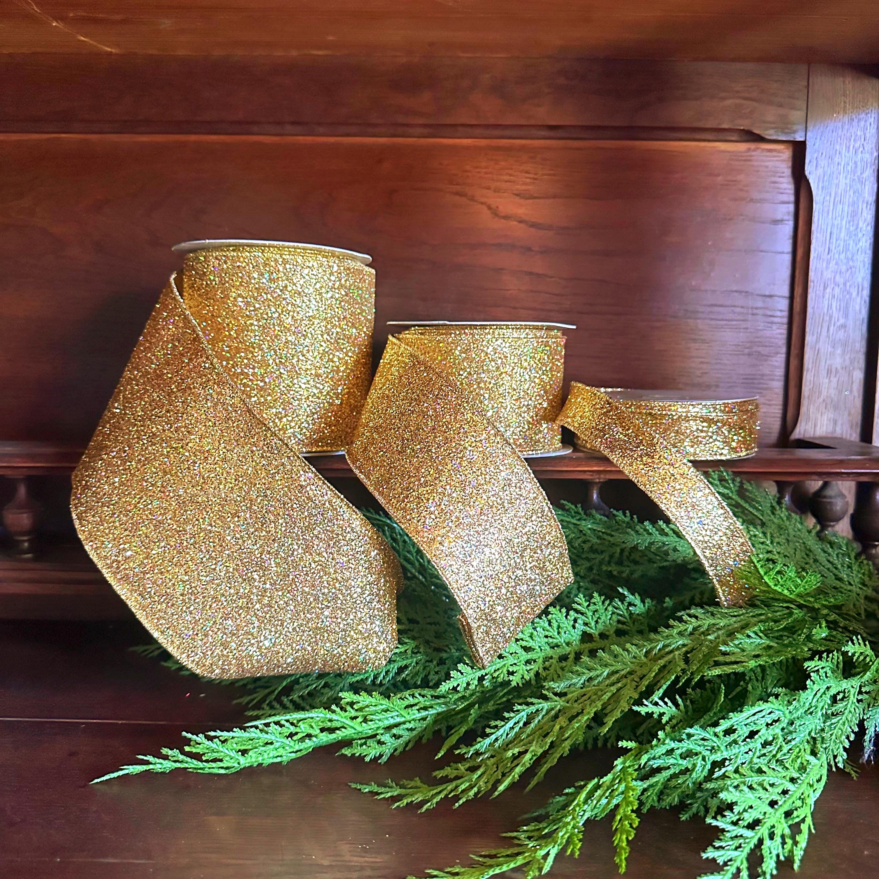 Gold Glitter Ribbon with Gold Edge Wired Ribbon for Christmas Ribbon Mardi Gras Holiday Decor Wreath Ribbon Christmas Gift Wrapping