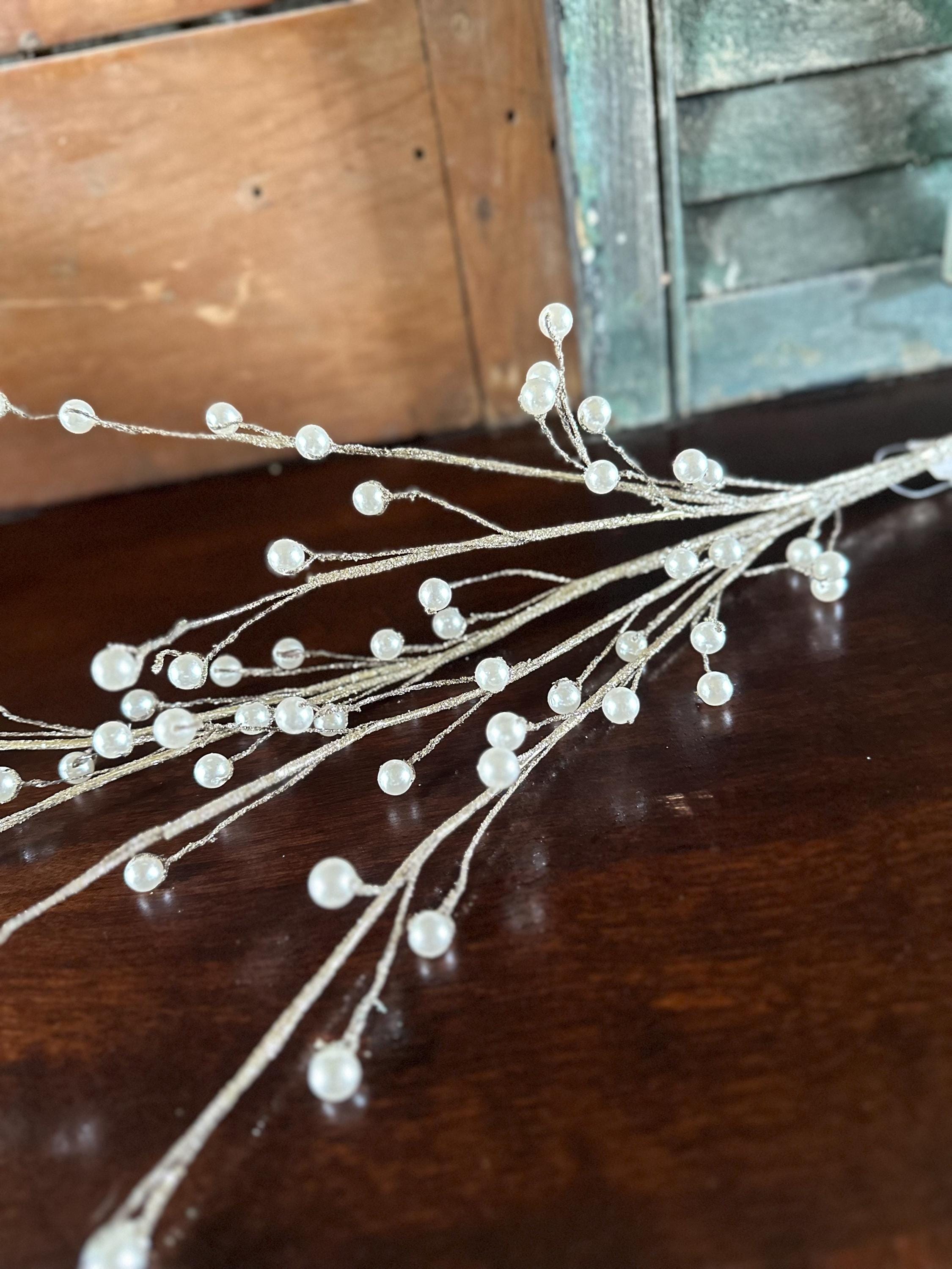 Pearl Bead Spray Cream Pearls Champagne Stem Holiday Floral Pick Christmas Tree Garland Wreath Centerpiece Mantle Decoration 31.5 Inch