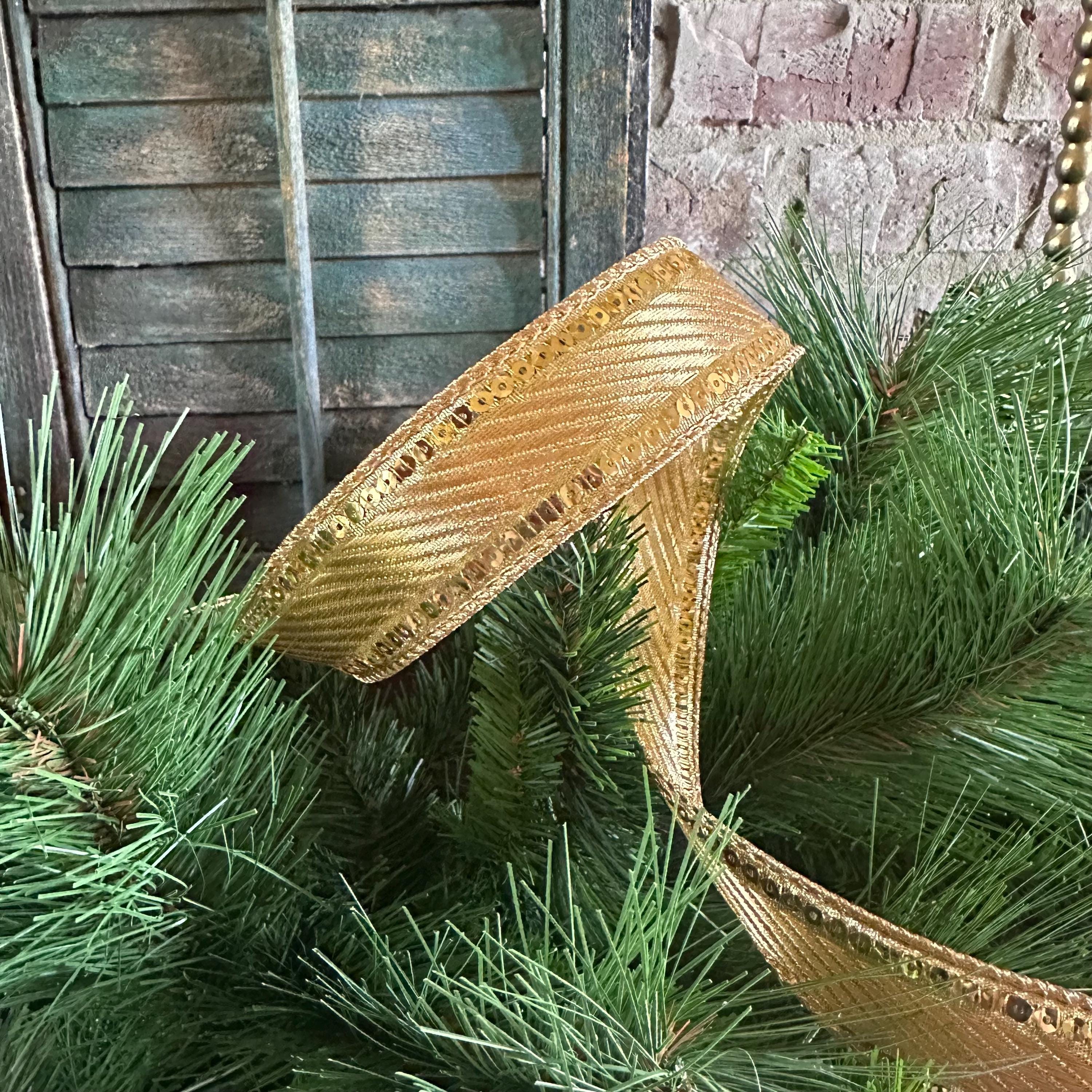 Gold Metallic Ribbon Craft Supply for Christmas Ribbon Wire Edge Sequin Trim Holiday Wreath Making Material Gift Wrap Party Accent