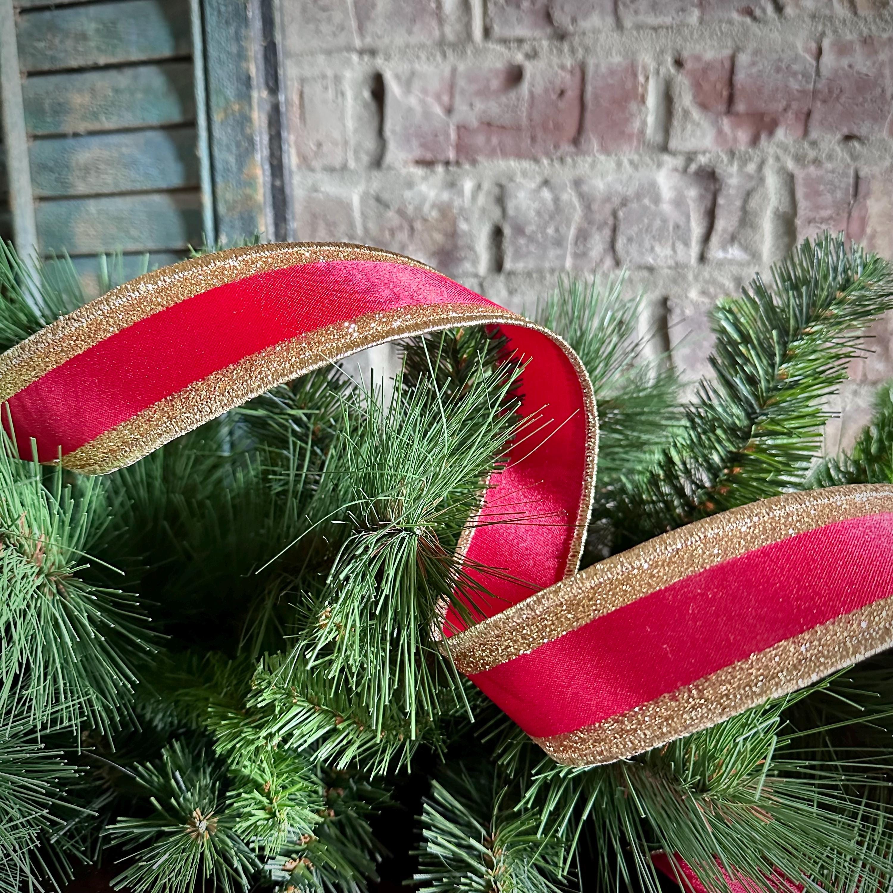 Red Satin Wired Ribbon with Gold Glitter Edge Luxury Christmas Ribbon for Wreaths Bows Gift Wrapping Holiday Decor