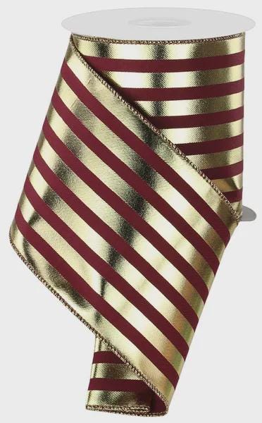 Metallic Gold and Maroon Vertical Stripes Wired Ribbon- Available in 2.5", 4" x 10yds