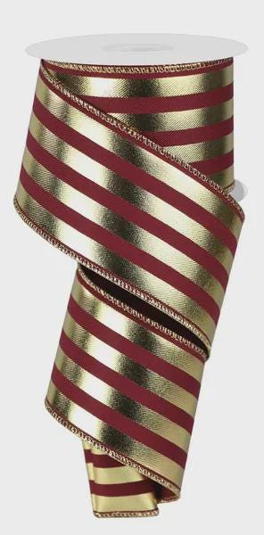 Metallic Gold and Maroon Vertical Stripes Wired Ribbon- Available in 2.5", 4" x 10yds
