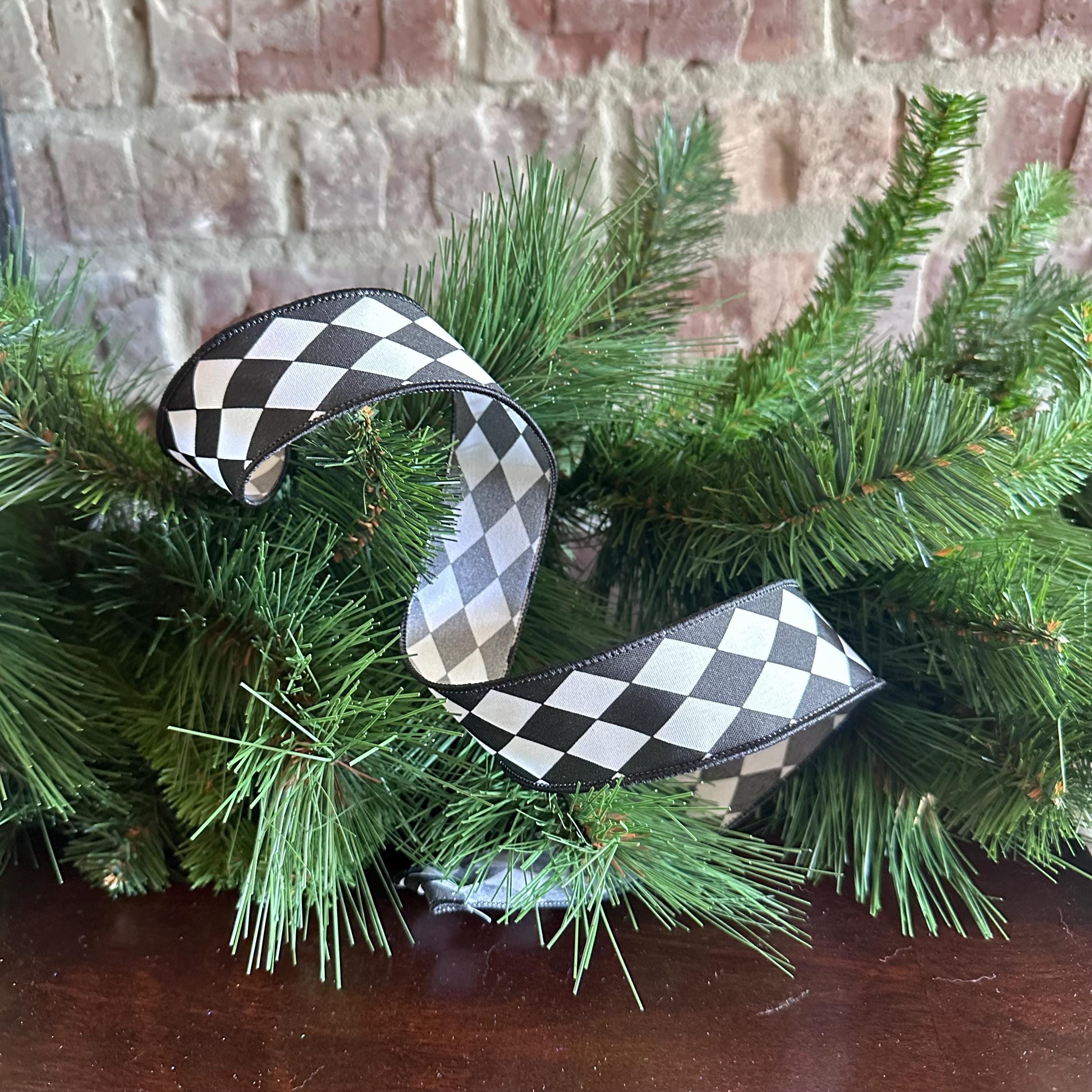Harlequin Ribbon Craft Supply for Wreath Making Nutcracker Design Holiday Decor Accent Piece Black White Bow Diamond Mardi Gras Ribbon