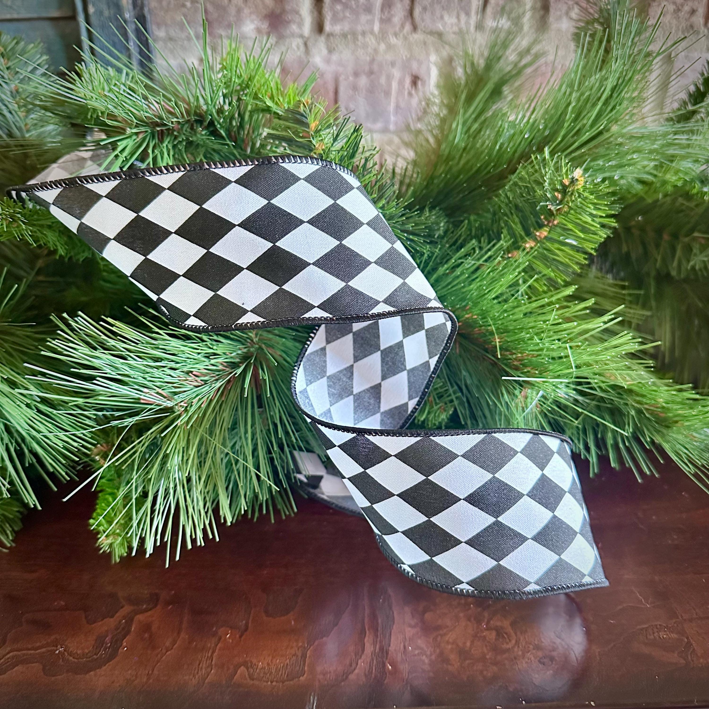 Harlequin Ribbon Craft Supply for Wreath Making Nutcracker Design Holiday Decor Accent Piece Black White Bow Diamond Mardi Gras Ribbon