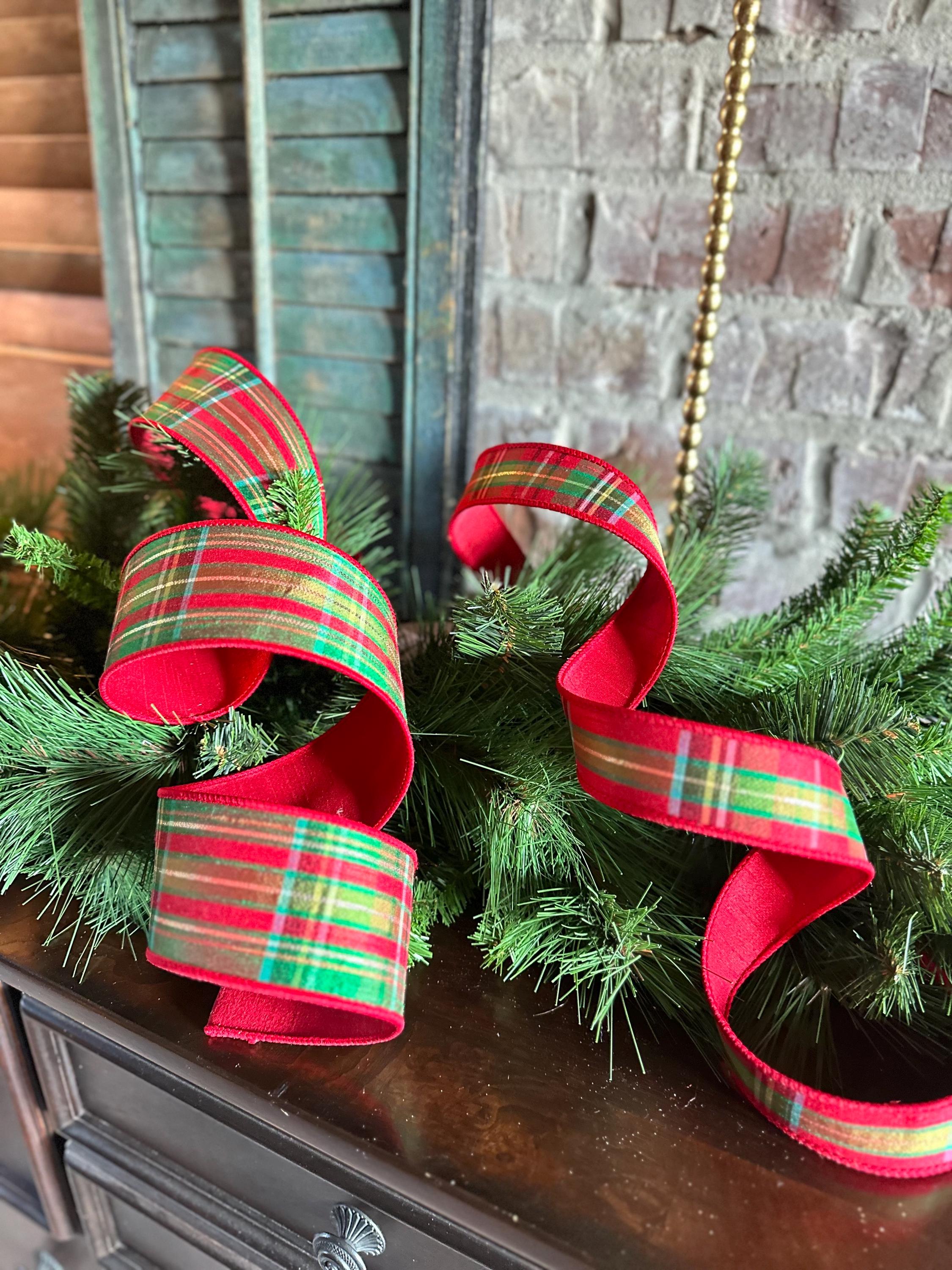 Christmas Plaid Ribbon Wreath Making Holiday Decoration Wire Edge Metallic Designer Ribbon Traditional Plaid Tartan Red D Stevens Ribbon