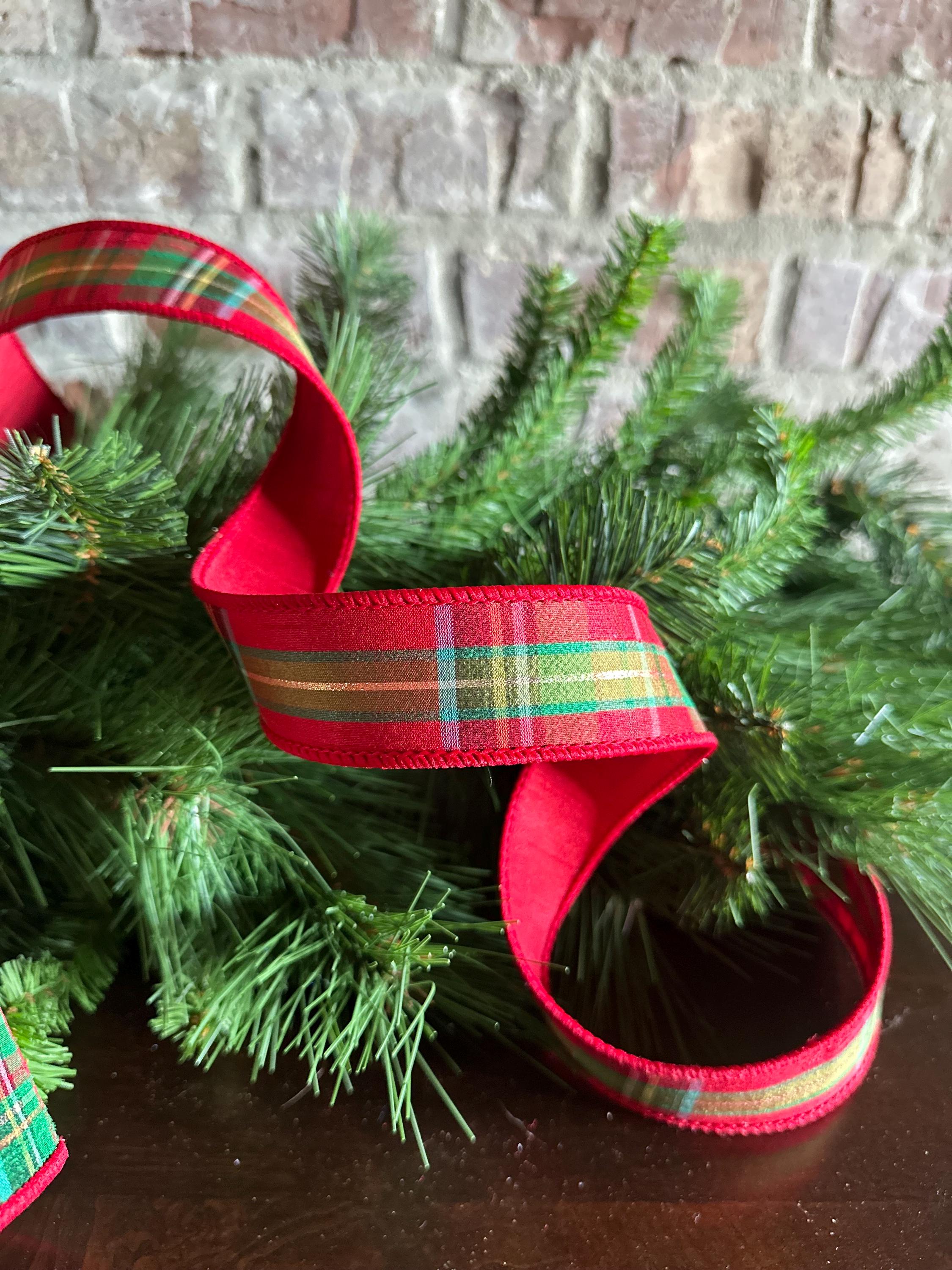 Christmas Plaid Ribbon Wreath Making Holiday Decoration Wire Edge Metallic Designer Ribbon Traditional Plaid Tartan Red D Stevens Ribbon