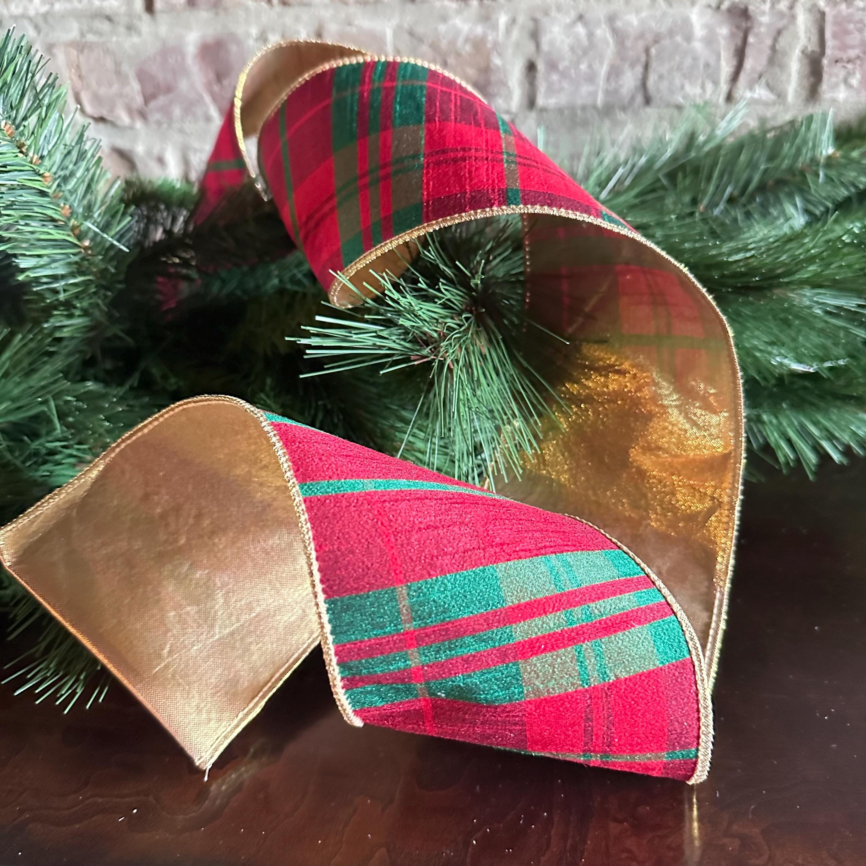 Red Green Plaid Christmas Ribbon | Luxury Wired Ribbon | Tartan Wreath Ribbon for Christmas Trees, Bows & Holiday Decor