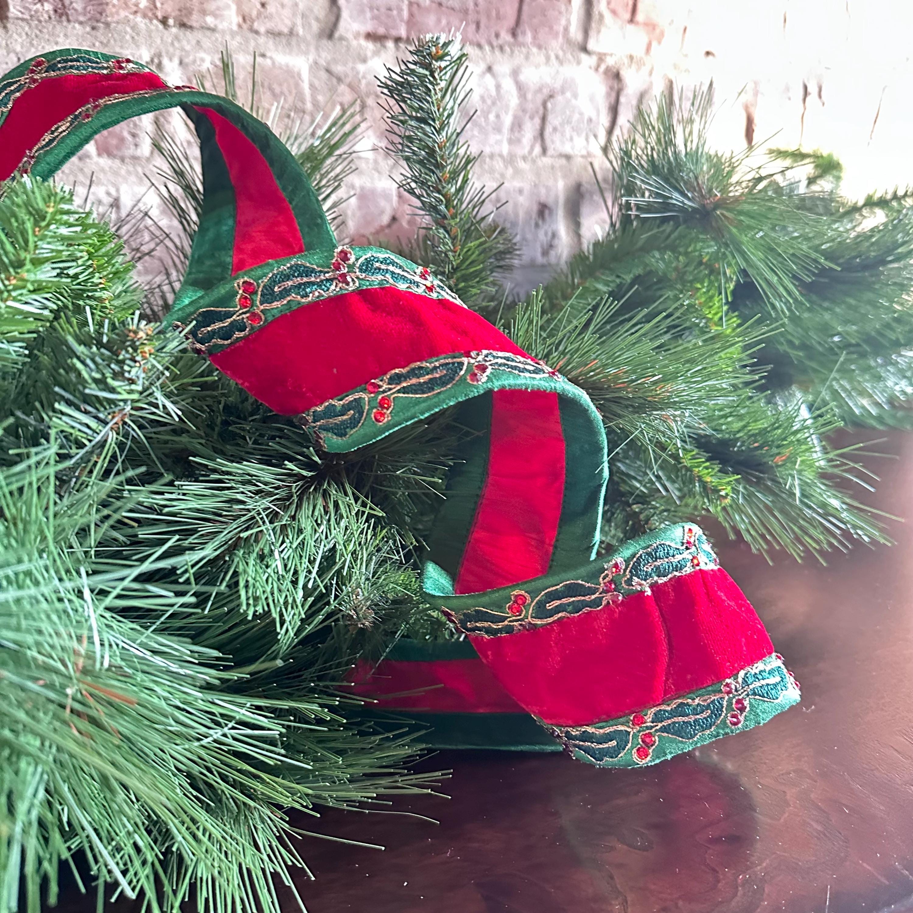 Red Velvet Christmas Ribbon Wired Edge Holly Ribbon Designer Ribbon Christmas Tree Ribbon Wreath Ribbon Bow Making Holiday Decor 2.5 Inch 5