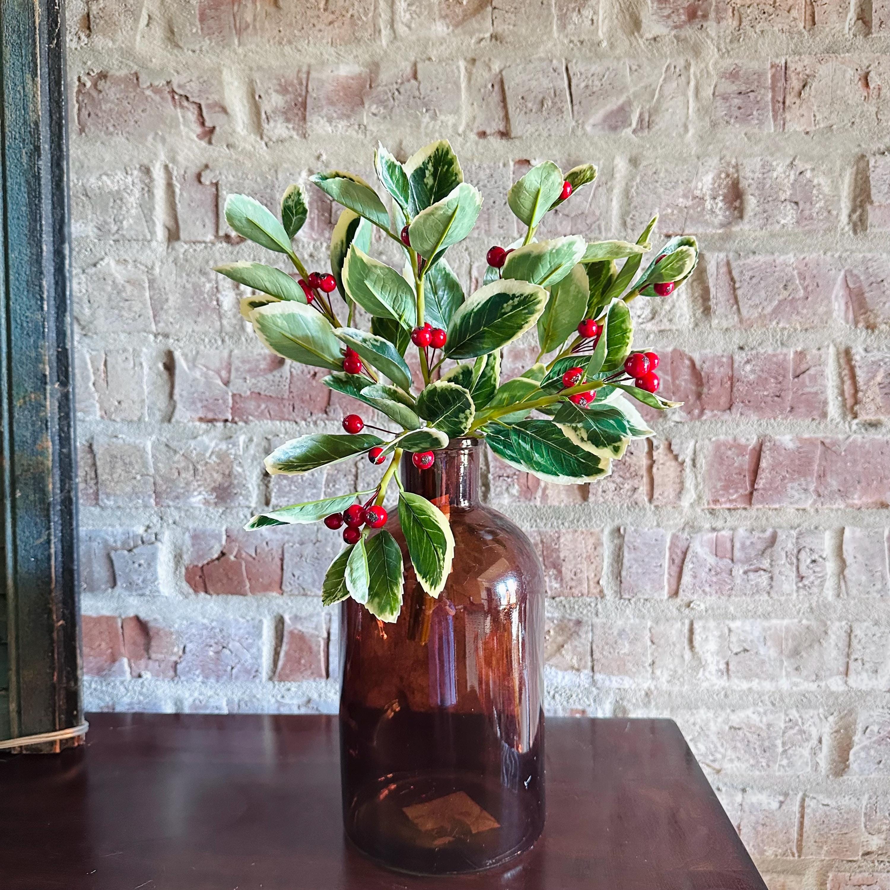 Holly Berry Bundle Realistic Holiday Greenery Christmas Bush Artificial Variegated holly Red Berry Stems for Wreaths Supplies Holiday Decor
