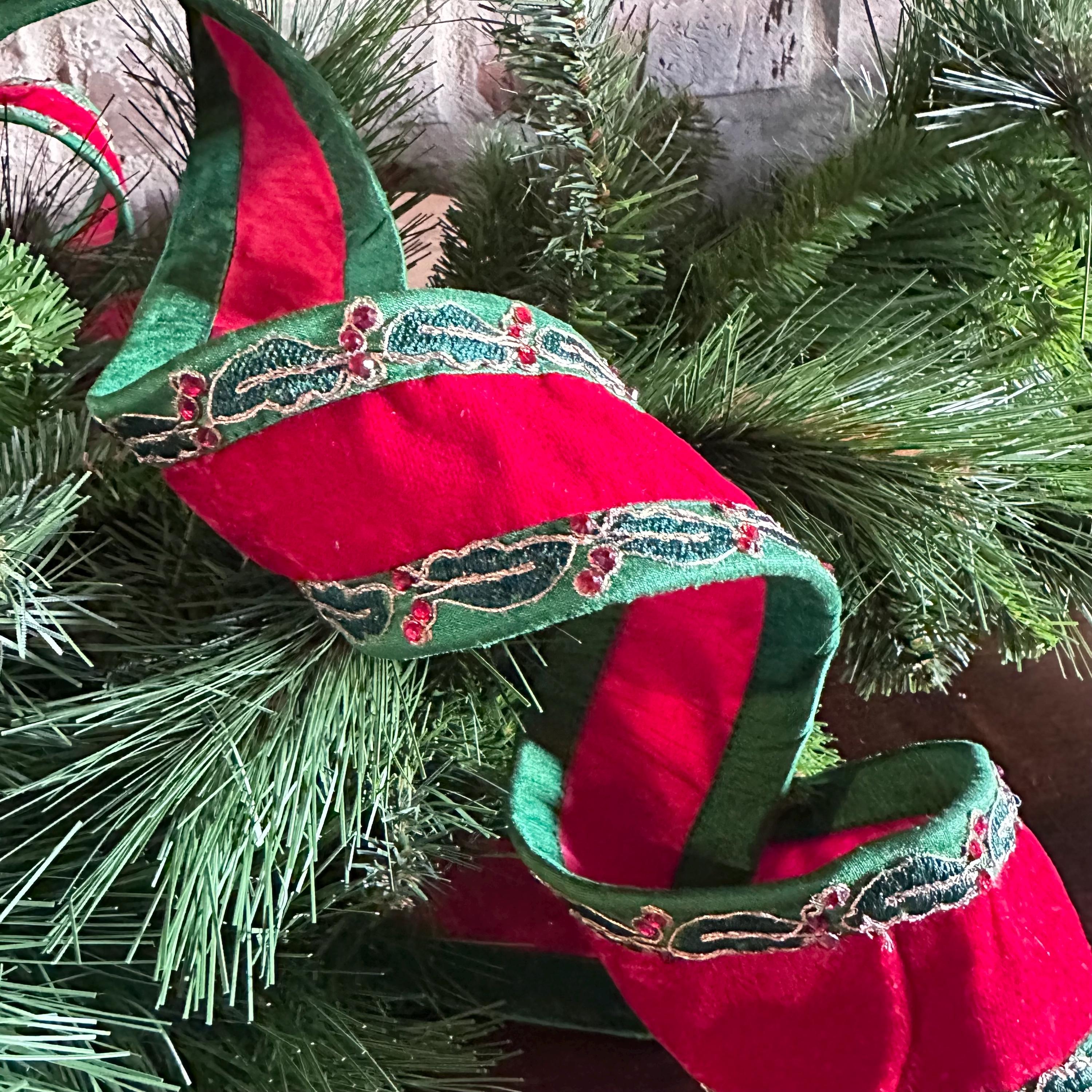 Red Velvet Christmas Ribbon Wired Edge Holly Ribbon Designer Ribbon Christmas Tree Ribbon Wreath Ribbon Bow Making Holiday Decor 2.5 Inch 5