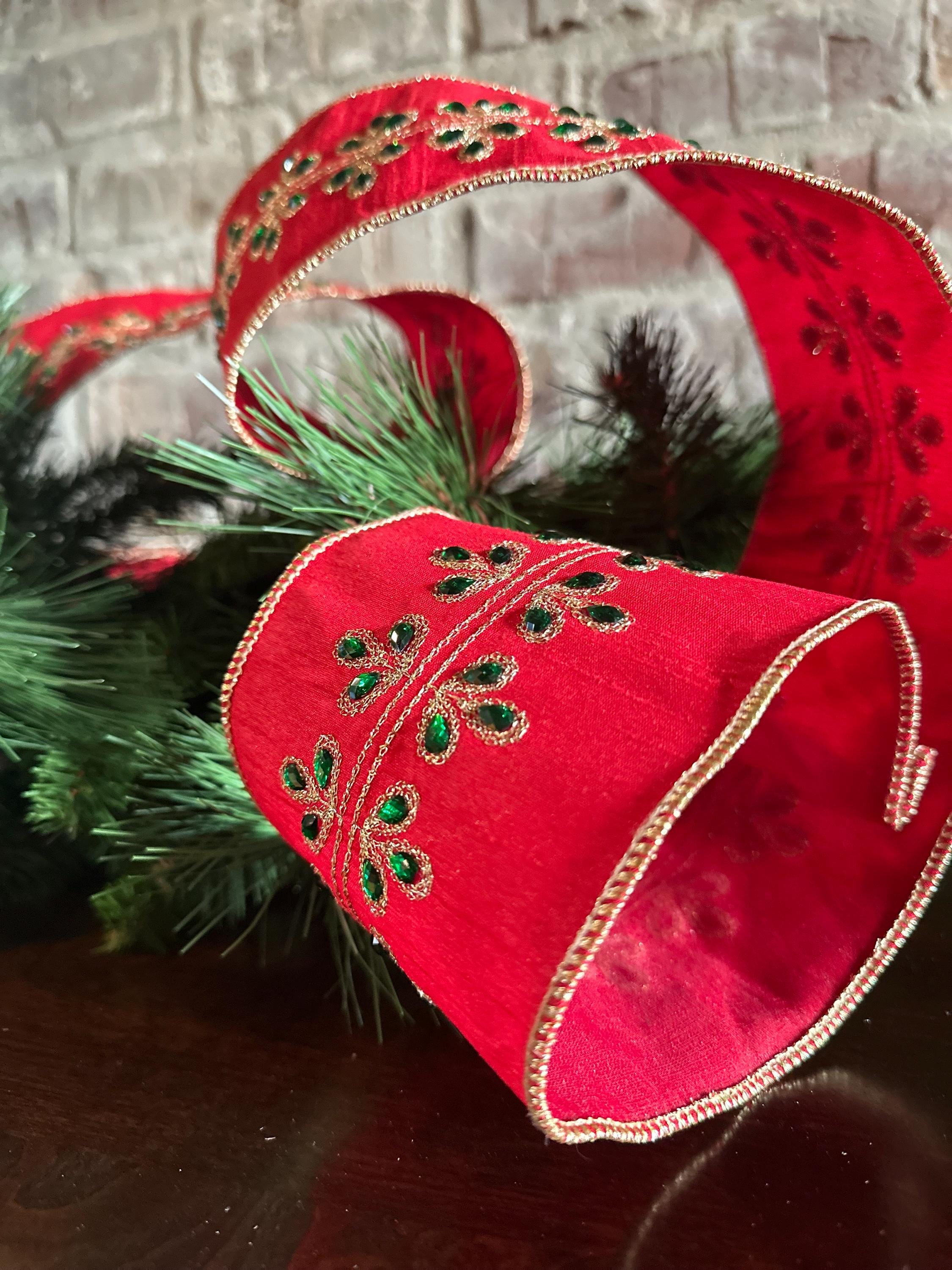 Red Dupioni Christmas Ribbon Wired Edge Ribbon Gold Embroidered Ribbon Christmas Tree Ribbon Wreath Ribbon Bow Making Holiday Decor