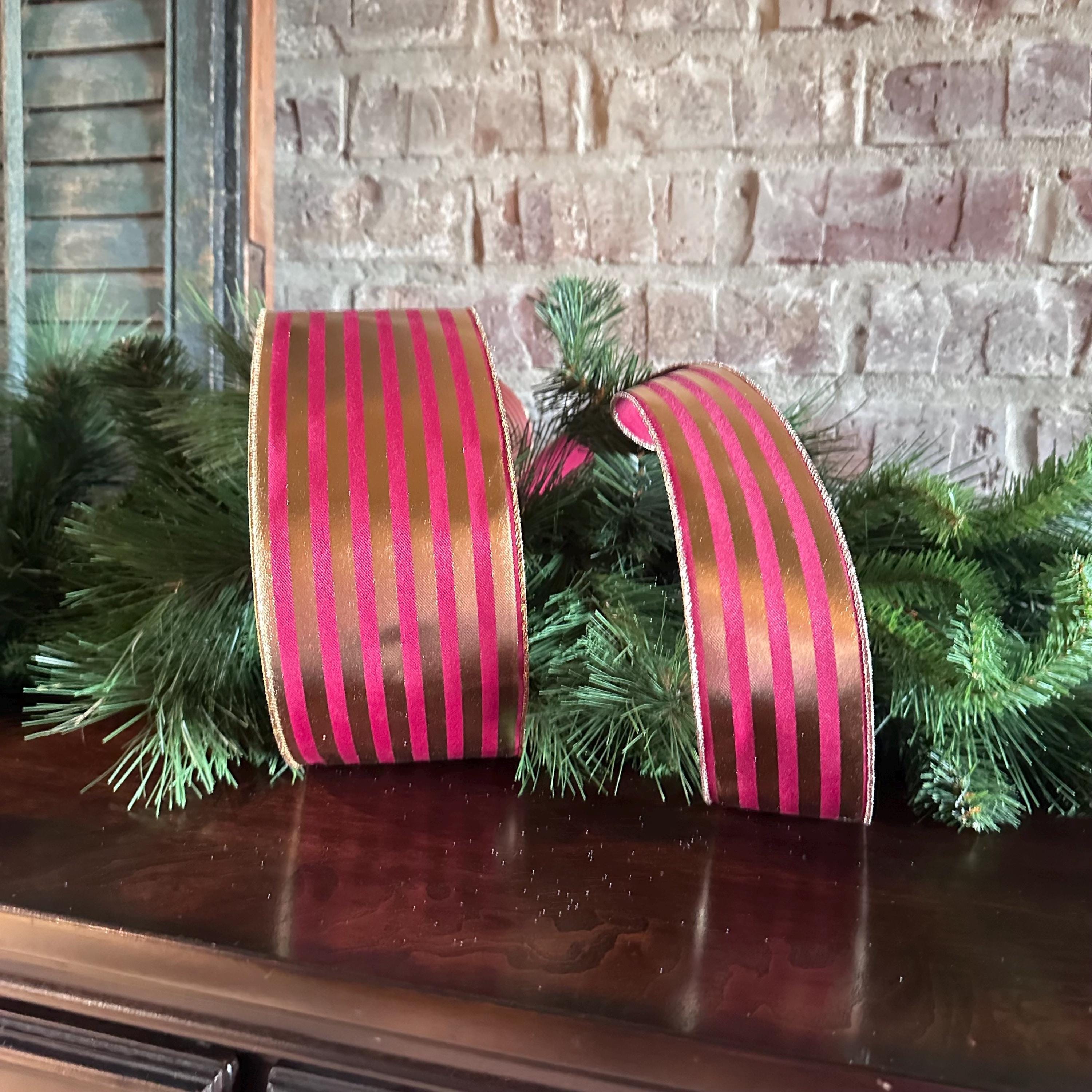 Metallic Gold and Maroon Vertical Stripes Wired Ribbon- Available in 2.5", 4" x 10yds