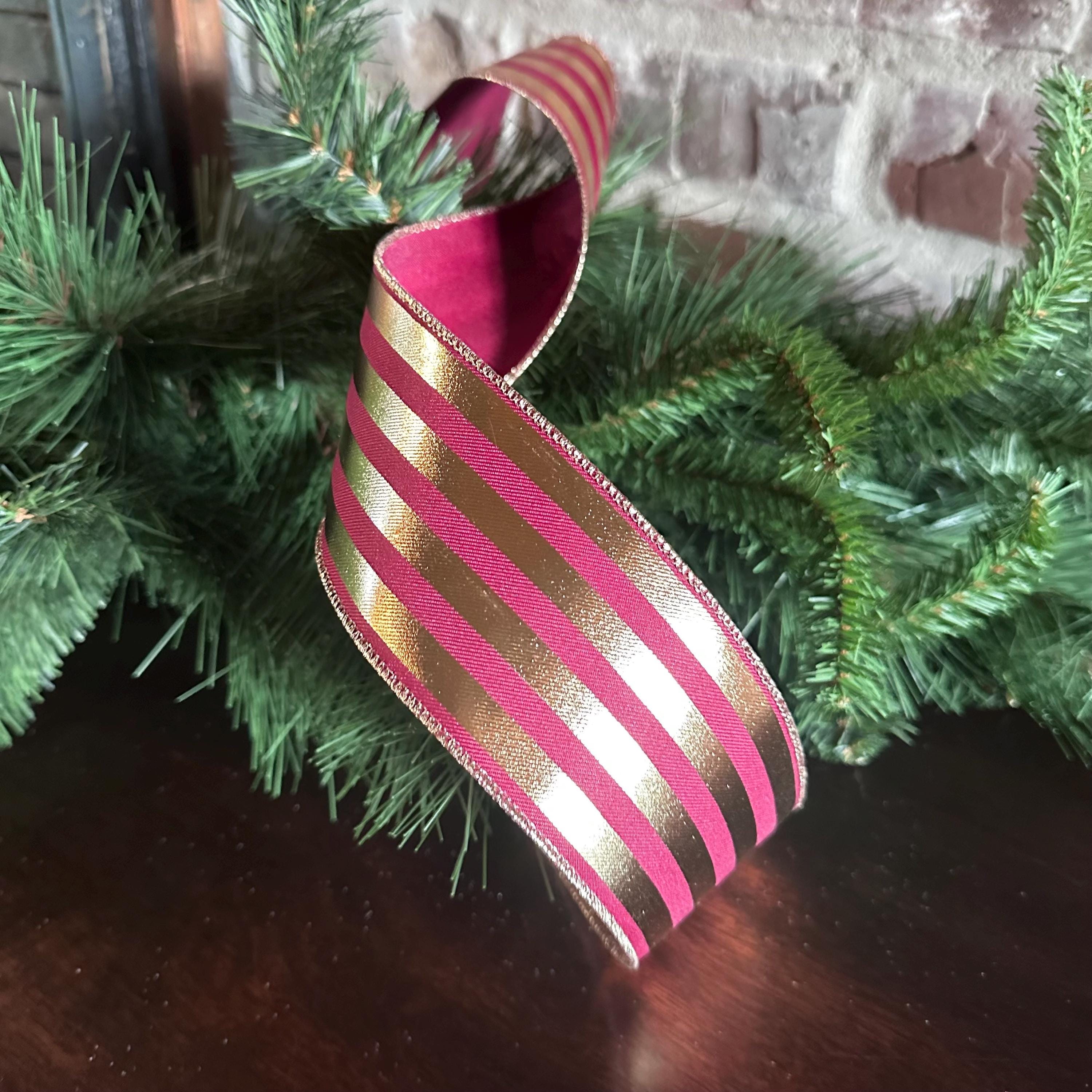 Metallic Gold and Maroon Vertical Stripes Wired Ribbon- Available in 2.5", 4" x 10yds