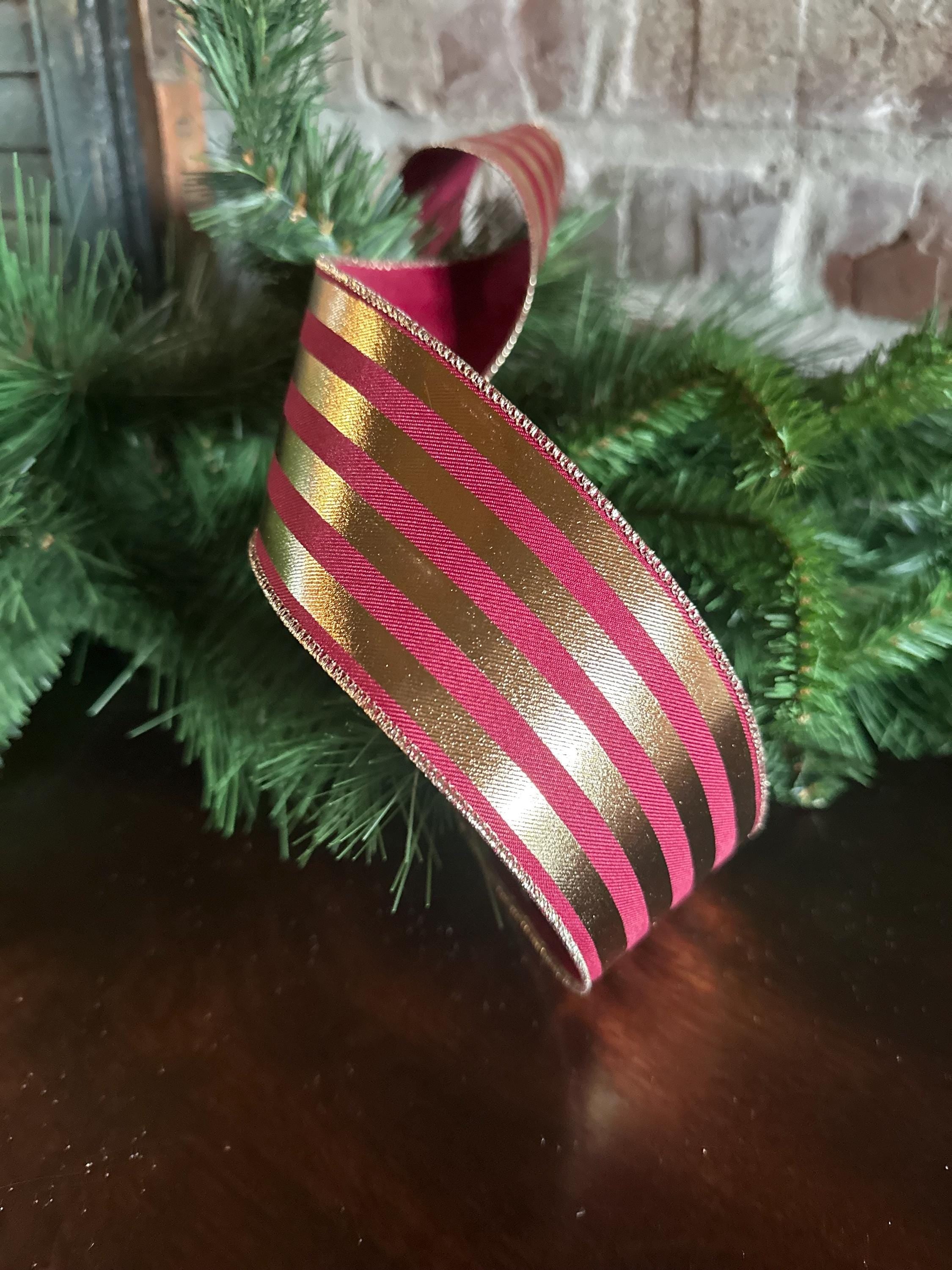 Metallic Gold and Maroon Vertical Stripes Wired Ribbon- Available in 2.5", 4" x 10yds