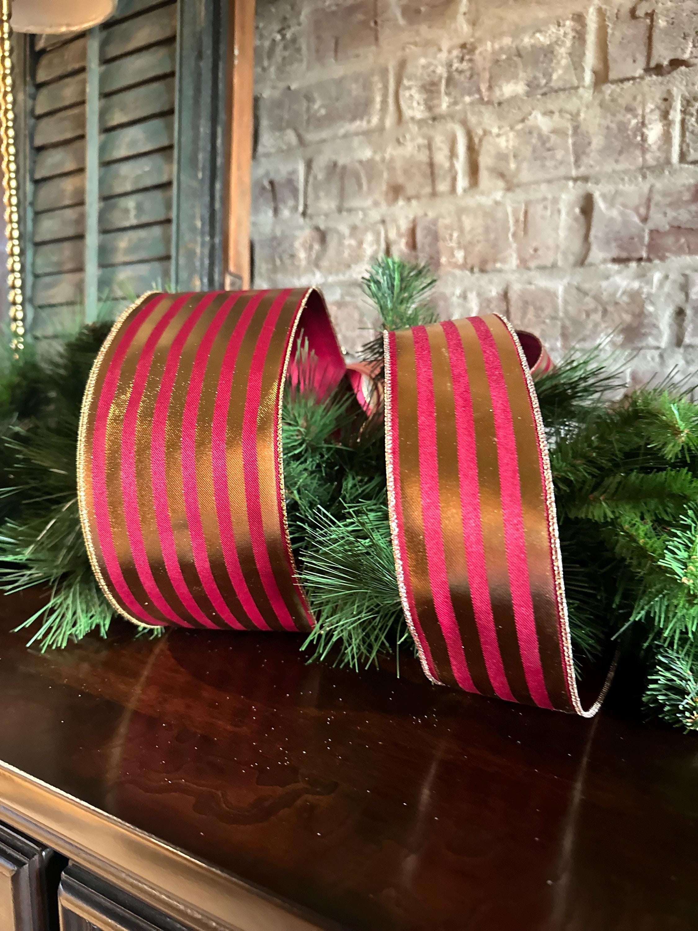Metallic Gold and Maroon Vertical Stripes Wired Ribbon- Available in 2.5", 4" x 10yds