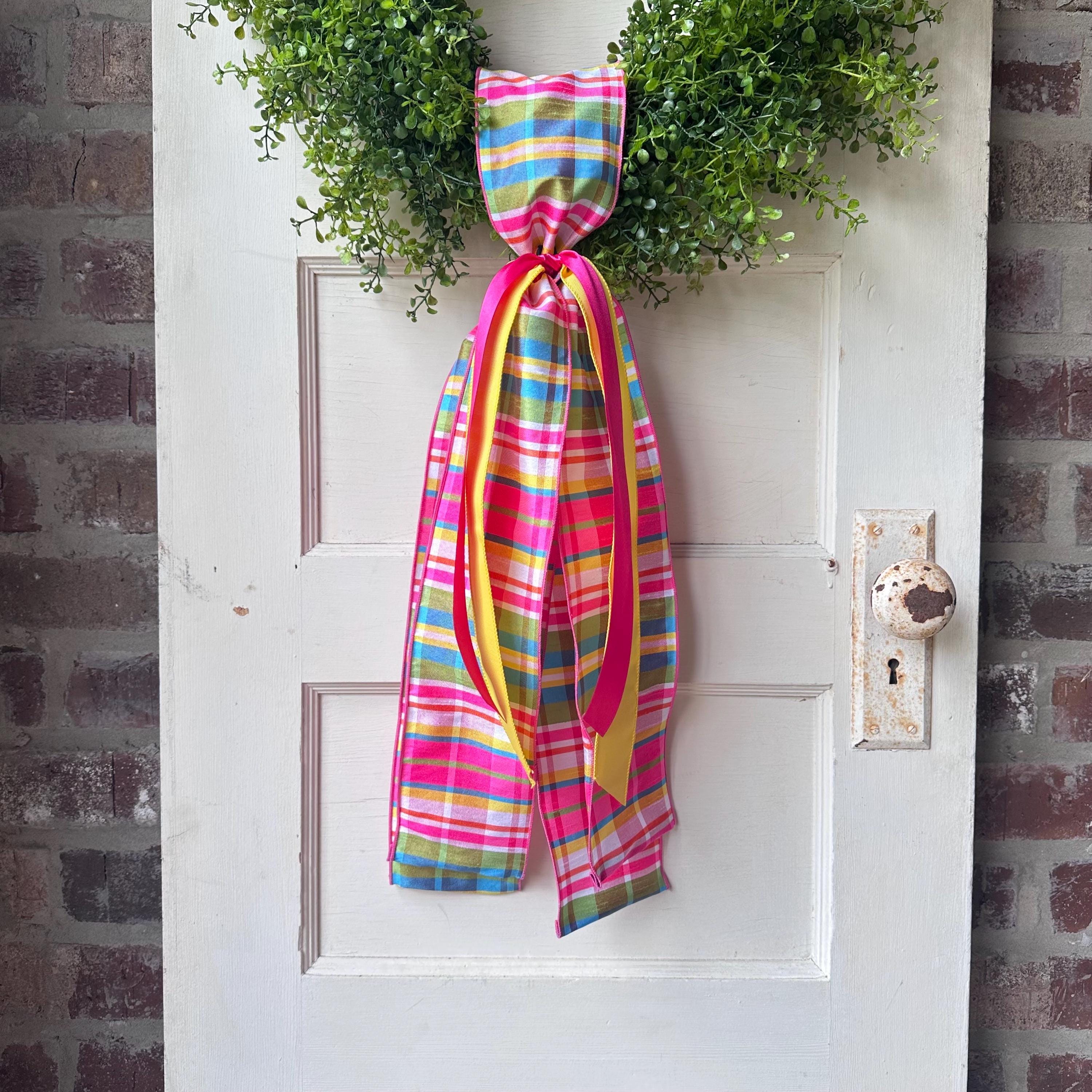Plaid Wreath Sash with Ribbon Spring Summer Front Door Decor Handmade Bow Ribbon Bundle Accent for Wreaths or Door Displays Home Decor