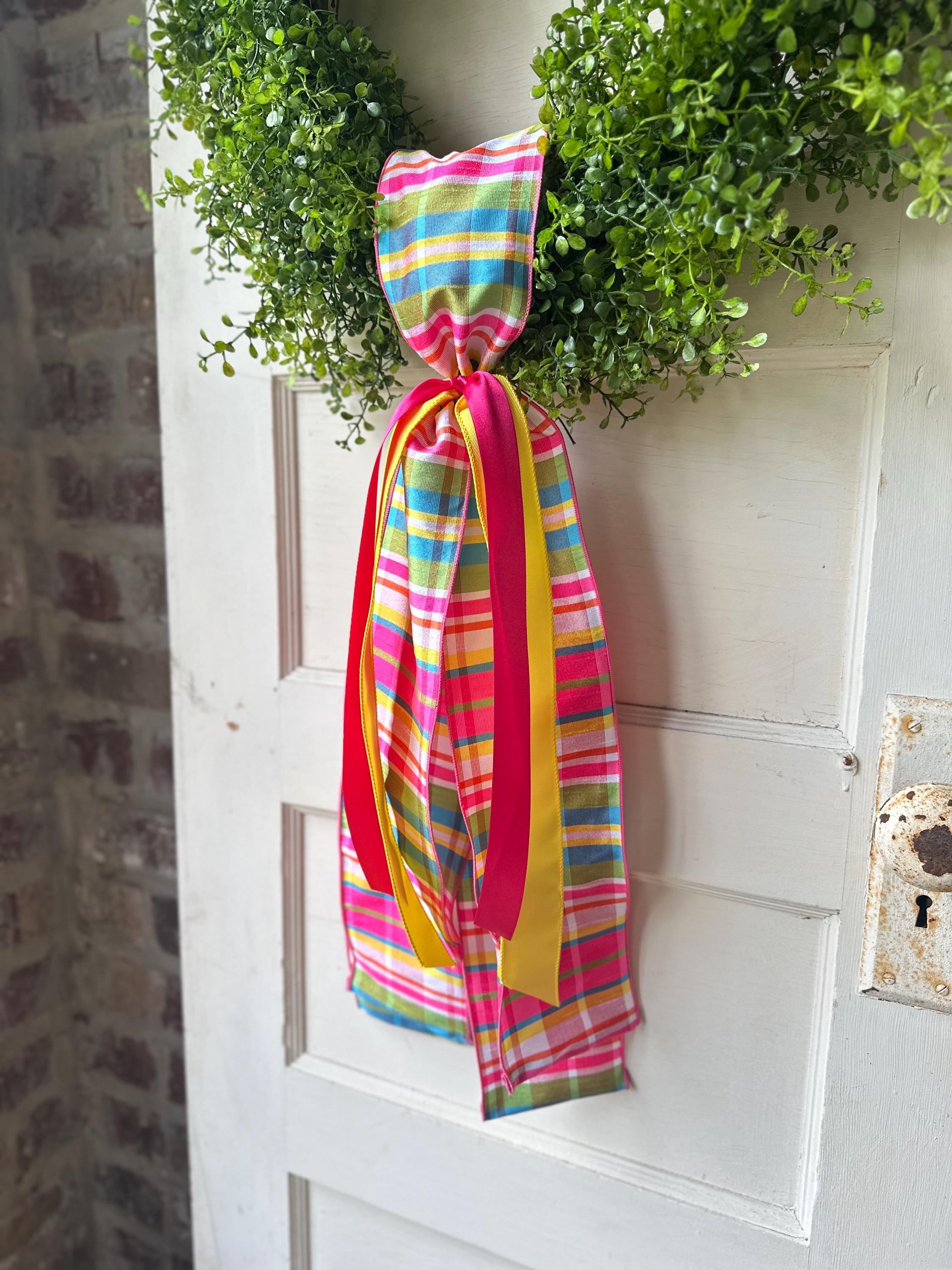 Plaid Wreath Sash with Ribbon Spring Summer Front Door Decor Handmade Bow Ribbon Bundle Accent for Wreaths or Door Displays Home Decor