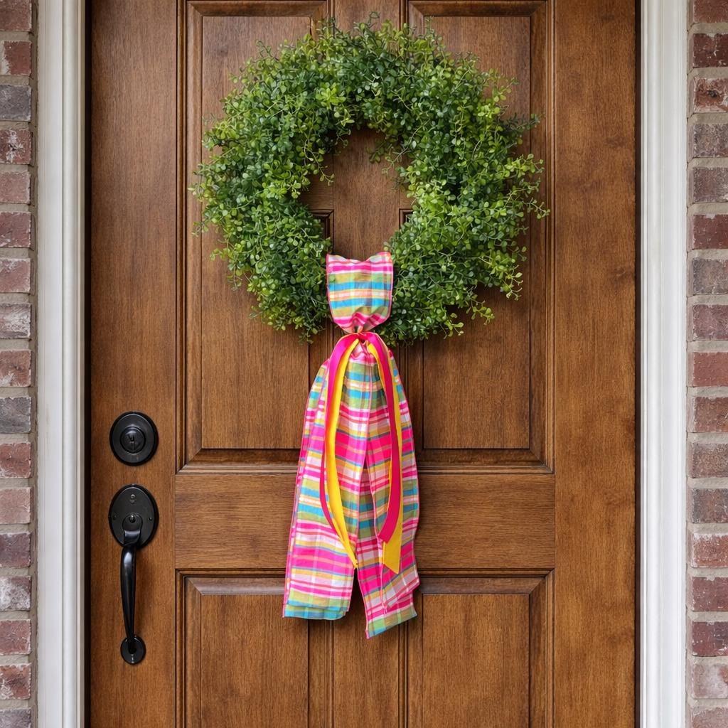 Plaid Wreath Sash with Ribbon Spring Summer Front Door Decor Handmade Bow Ribbon Bundle Accent for Wreaths or Door Displays Home Decor