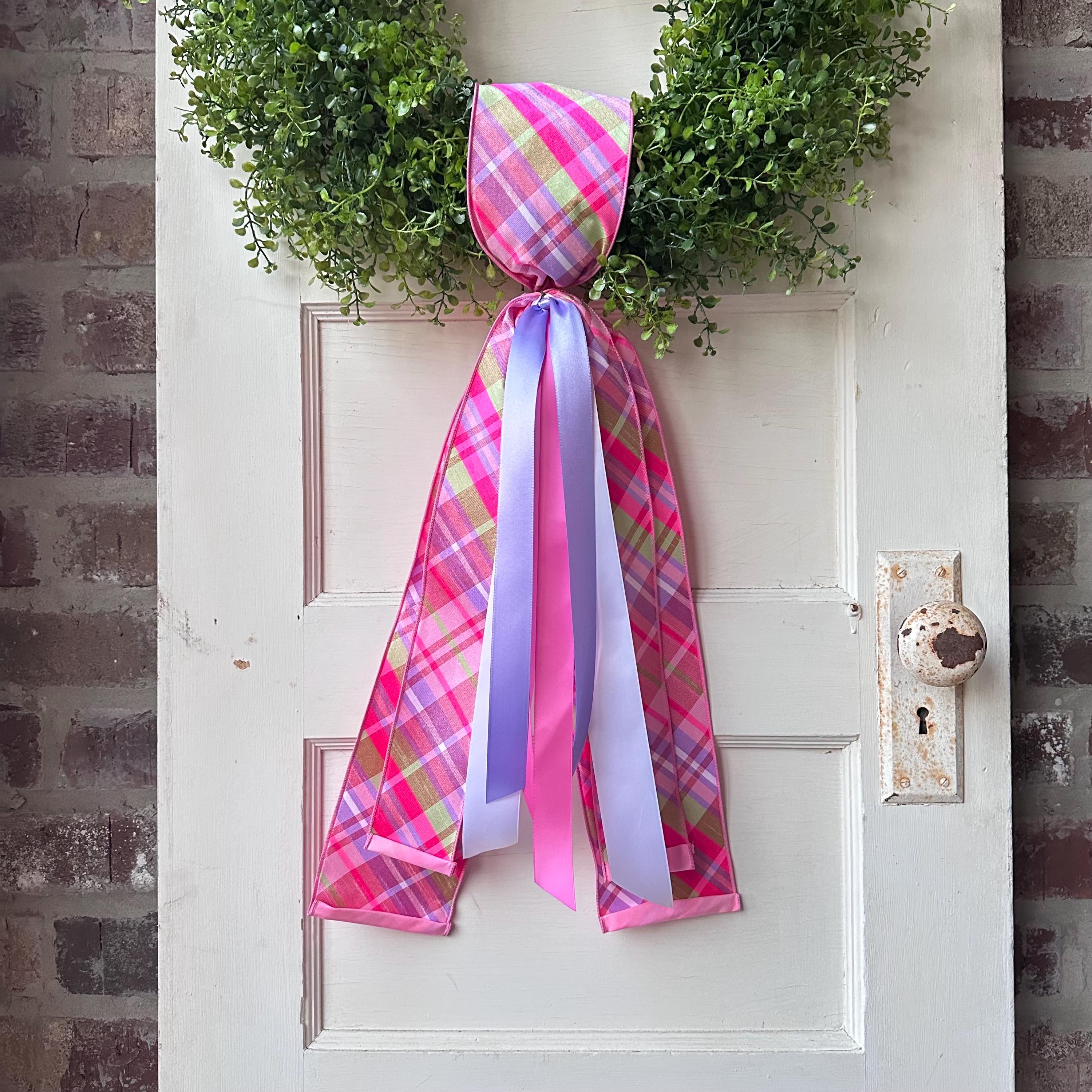 Spring Pink Plaid Wreath Sash for Front Door, Pastel Ribbon Wreath Tie, Easter Door Decor, Boxwood Wreath Accent, Front Door Decor