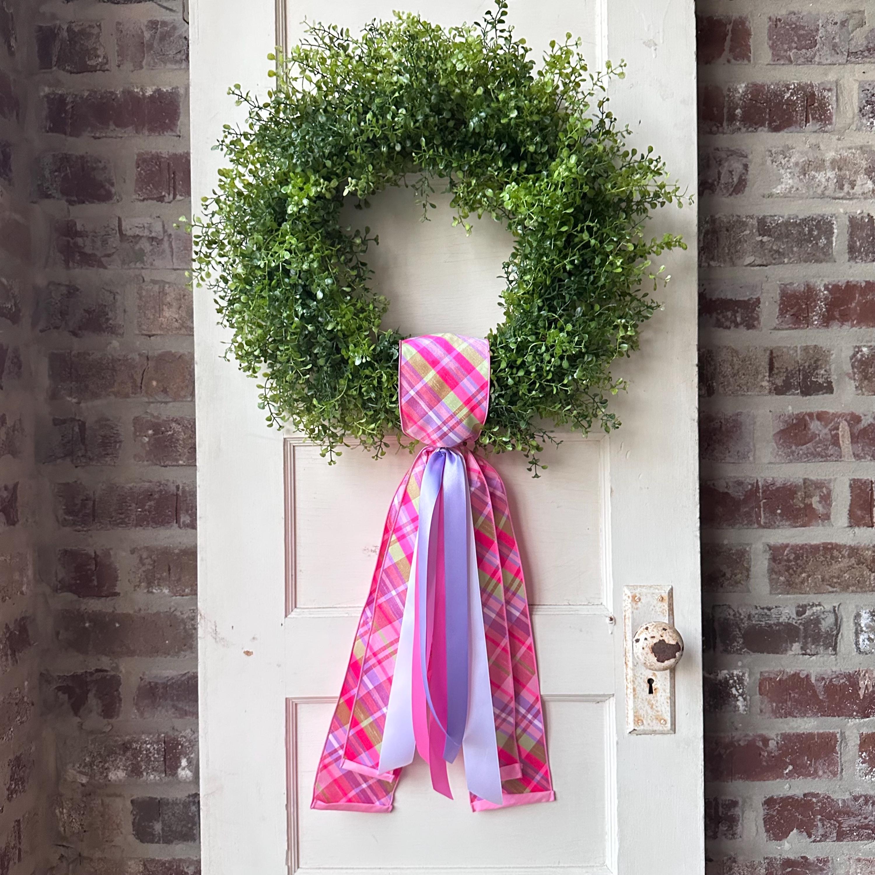 Spring Pink Plaid Wreath Sash for Front Door, Pastel Ribbon Wreath Tie, Easter Door Decor, Boxwood Wreath Accent, Front Door Decor