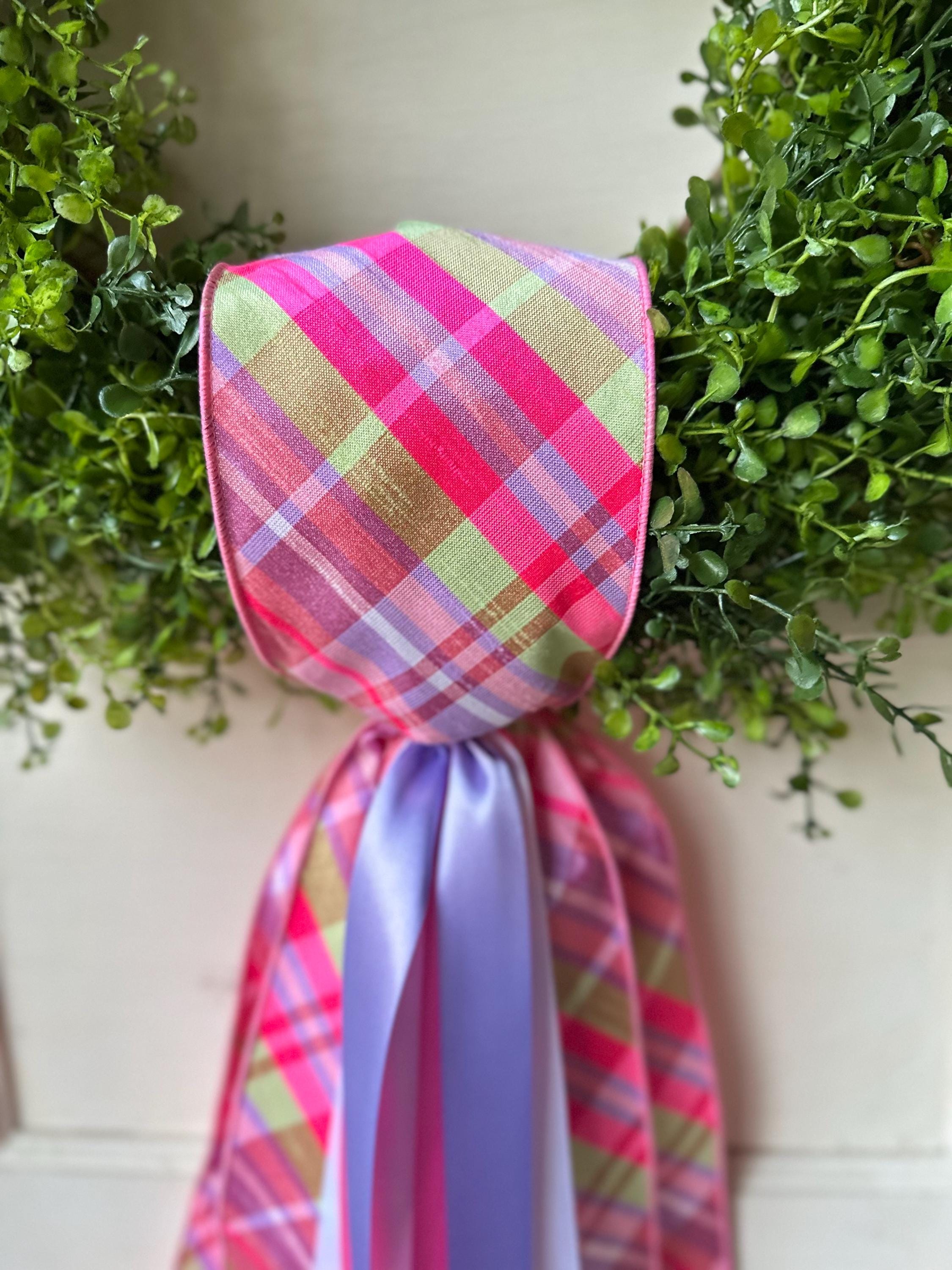 Spring Pink Plaid Wreath Sash for Front Door, Pastel Ribbon Wreath Tie, Easter Door Decor, Boxwood Wreath Accent, Front Door Decor