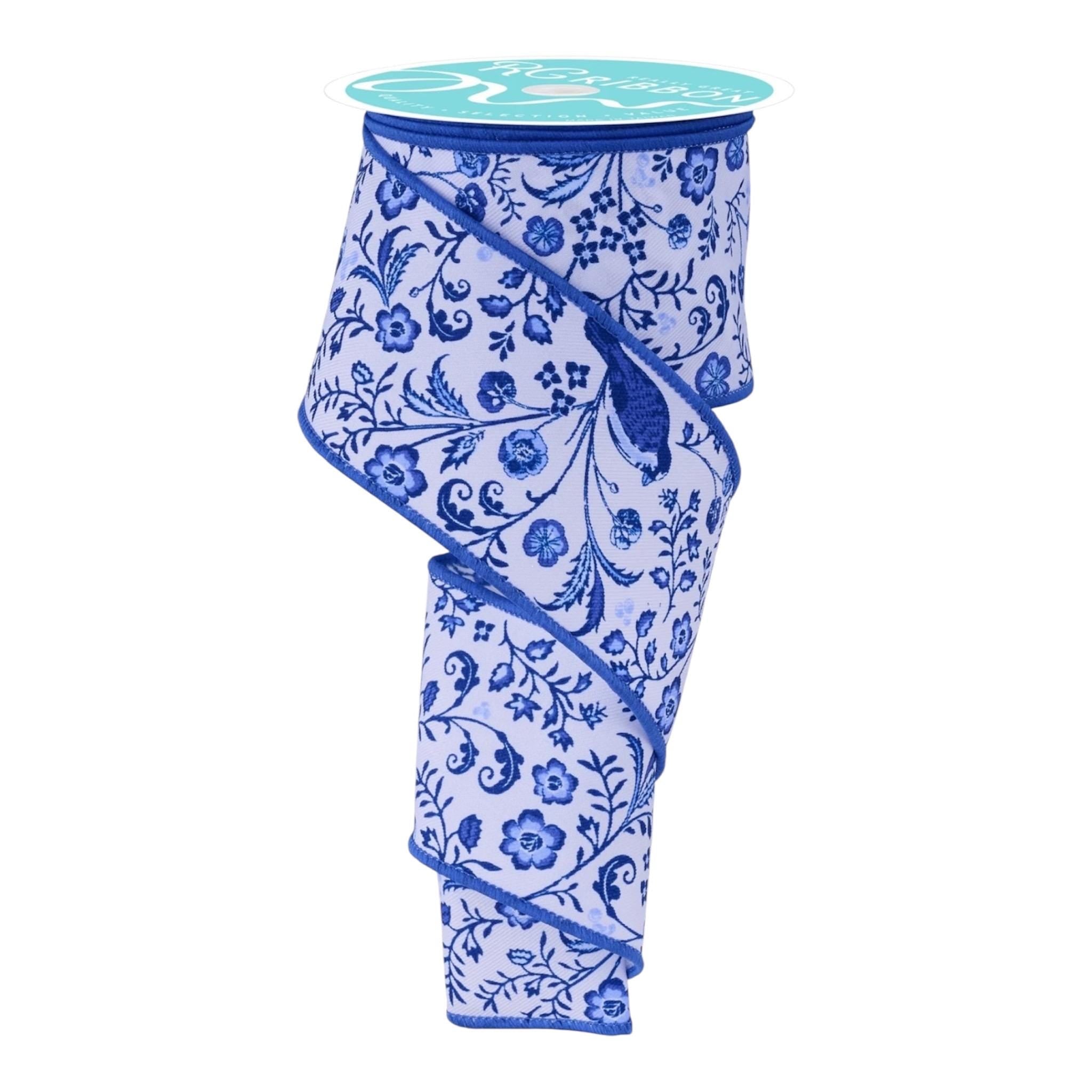 Blue Chinoiserie Floral Ribbon Wired Edge Designer Ribbon Blue and White Ribbon Wreath Bow Ribbon Craft Ribbon
