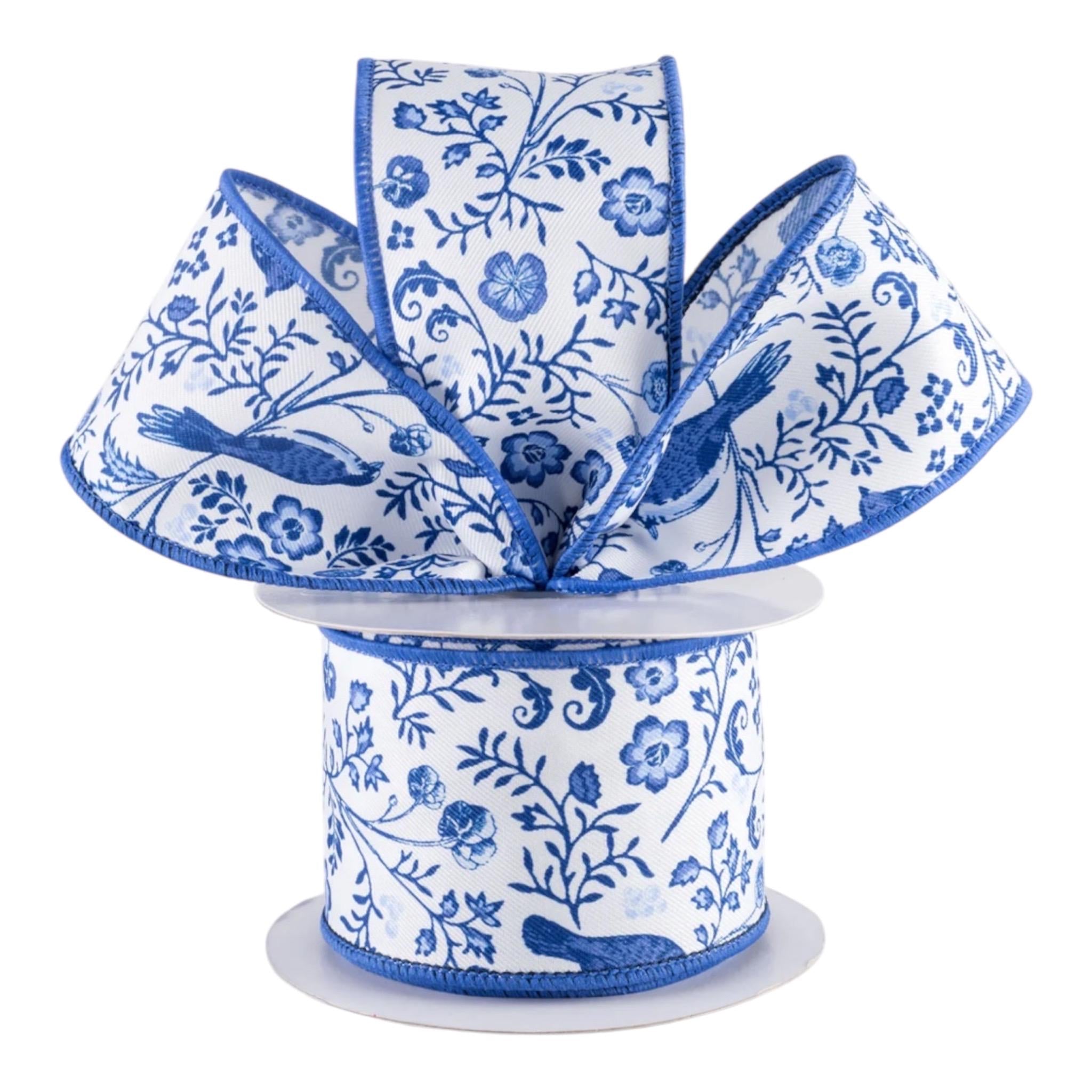 Blue Chinoiserie Floral Ribbon Wired Edge Designer Ribbon Blue and White Ribbon Wreath Bow Ribbon Craft Ribbon