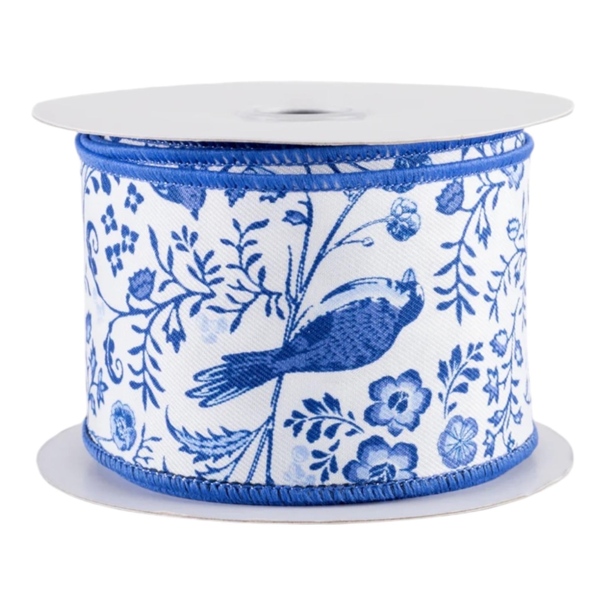Blue Chinoiserie Floral Ribbon Wired Edge Designer Ribbon Blue and White Ribbon Wreath Bow Ribbon Craft Ribbon