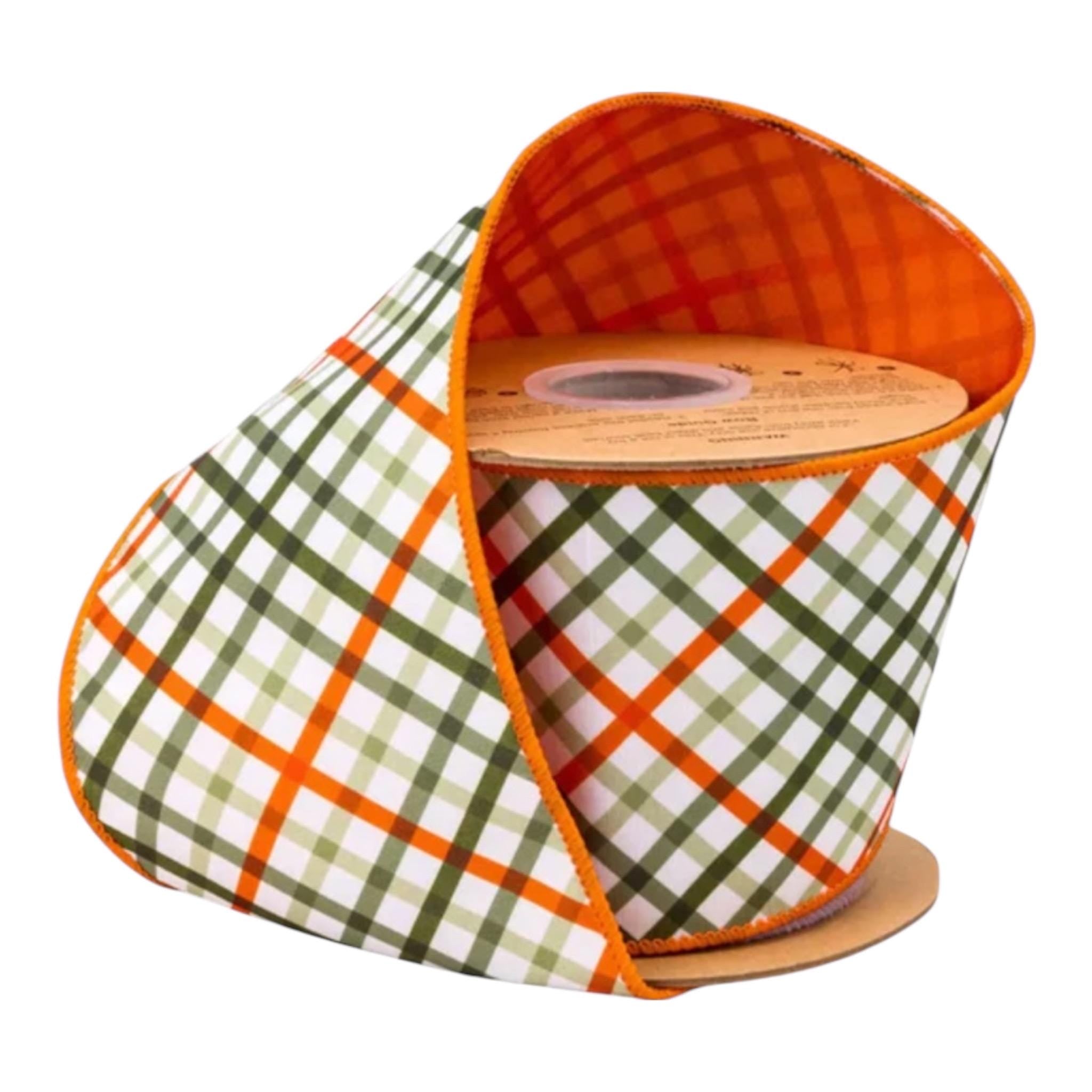 Plaid Ribbon Wide Wired Orange and Green Plaid Ribbon Easter Wreath Ribbon Carrot Wreath Ribbon Spring Ribbon